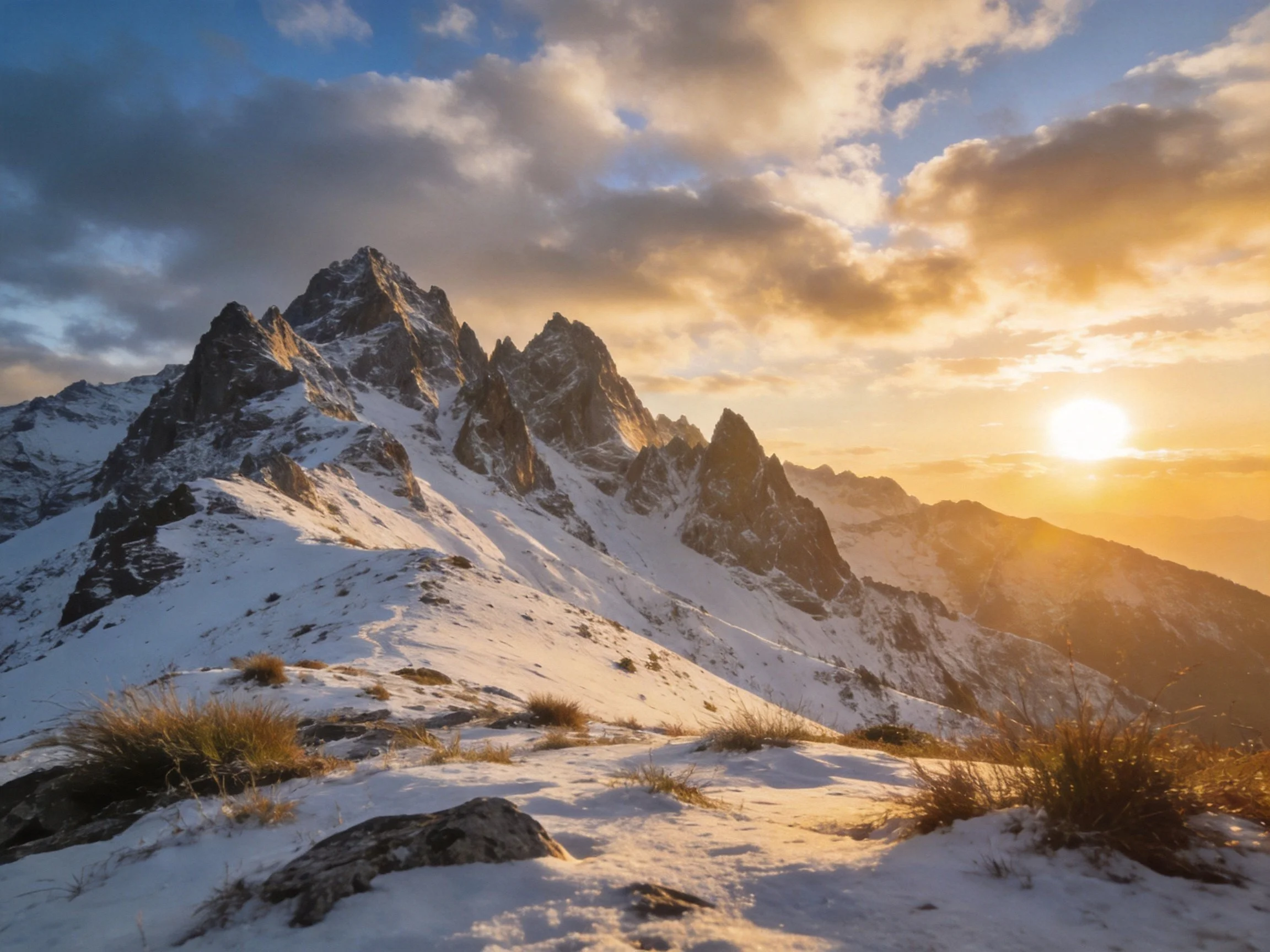 Snow-capped mountain peaks under golden sunset skies