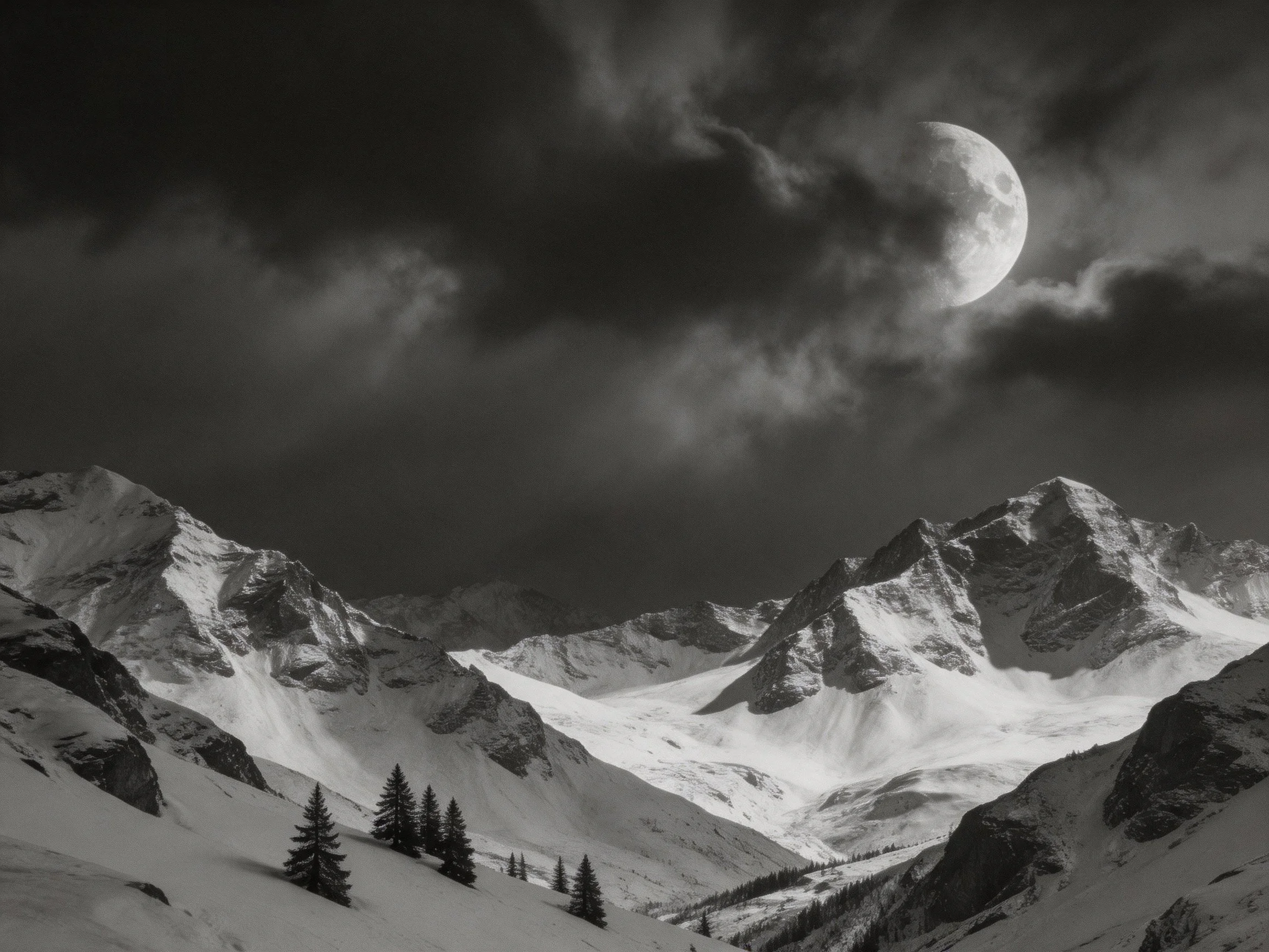 Snow-capped mountain peaks under moody, cloud-filled night sky with a large moon