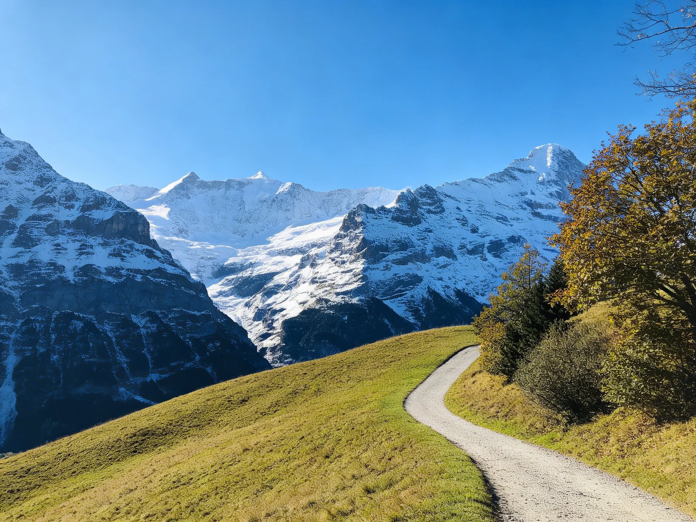 Snow - capped mountain peaks, winding gravel path, autumn - hued trees