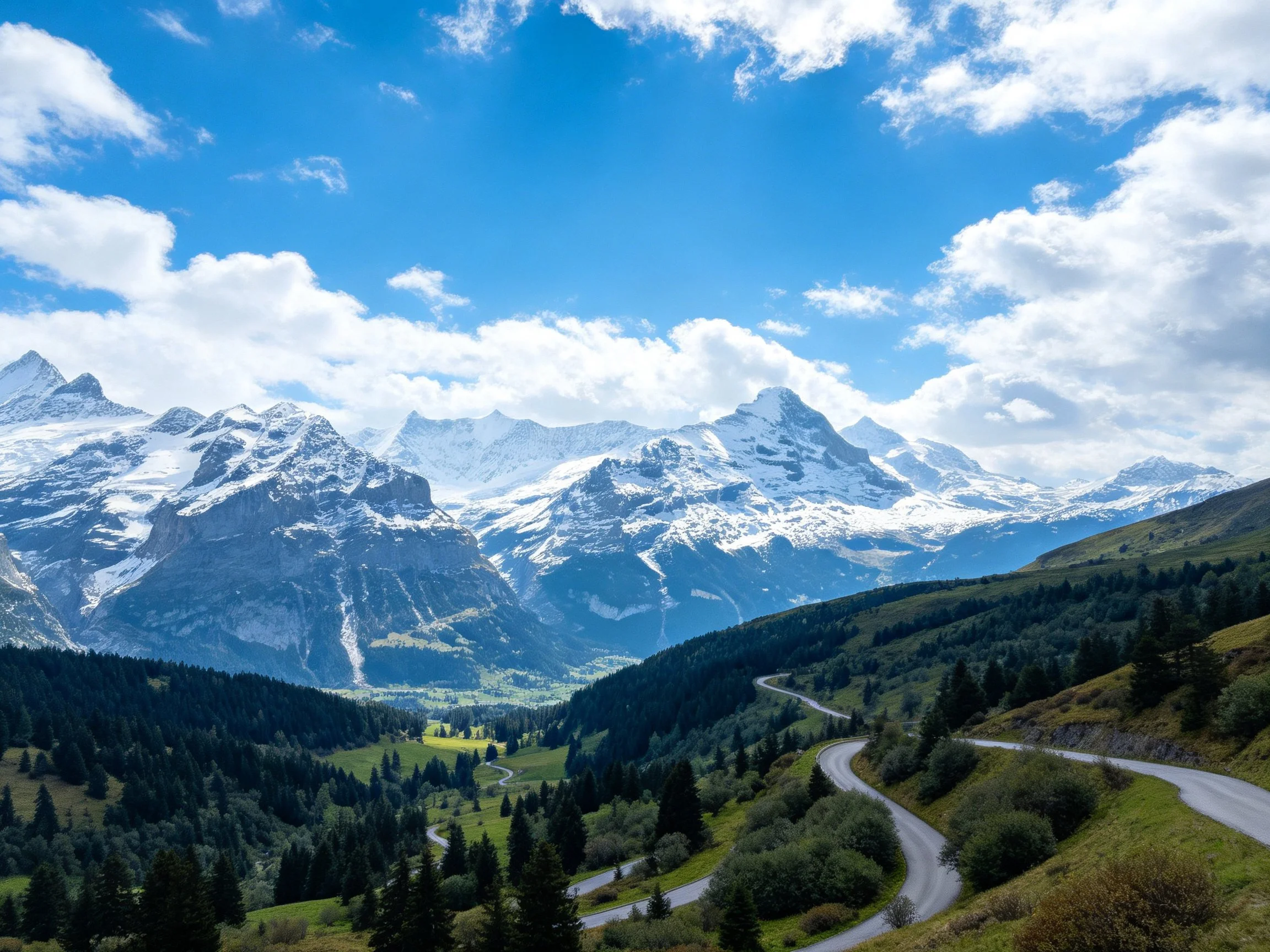 Snow-capped mountain peaks, winding road, lush green valley