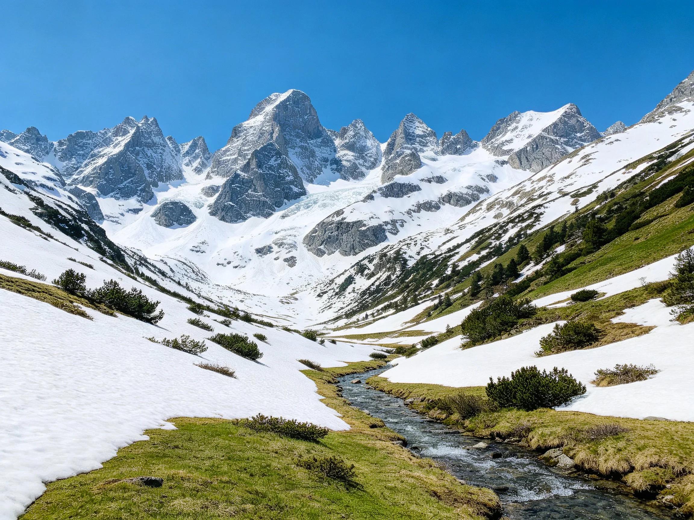 Snow - capped mountain peaks with a clear blue sky and a winding stream