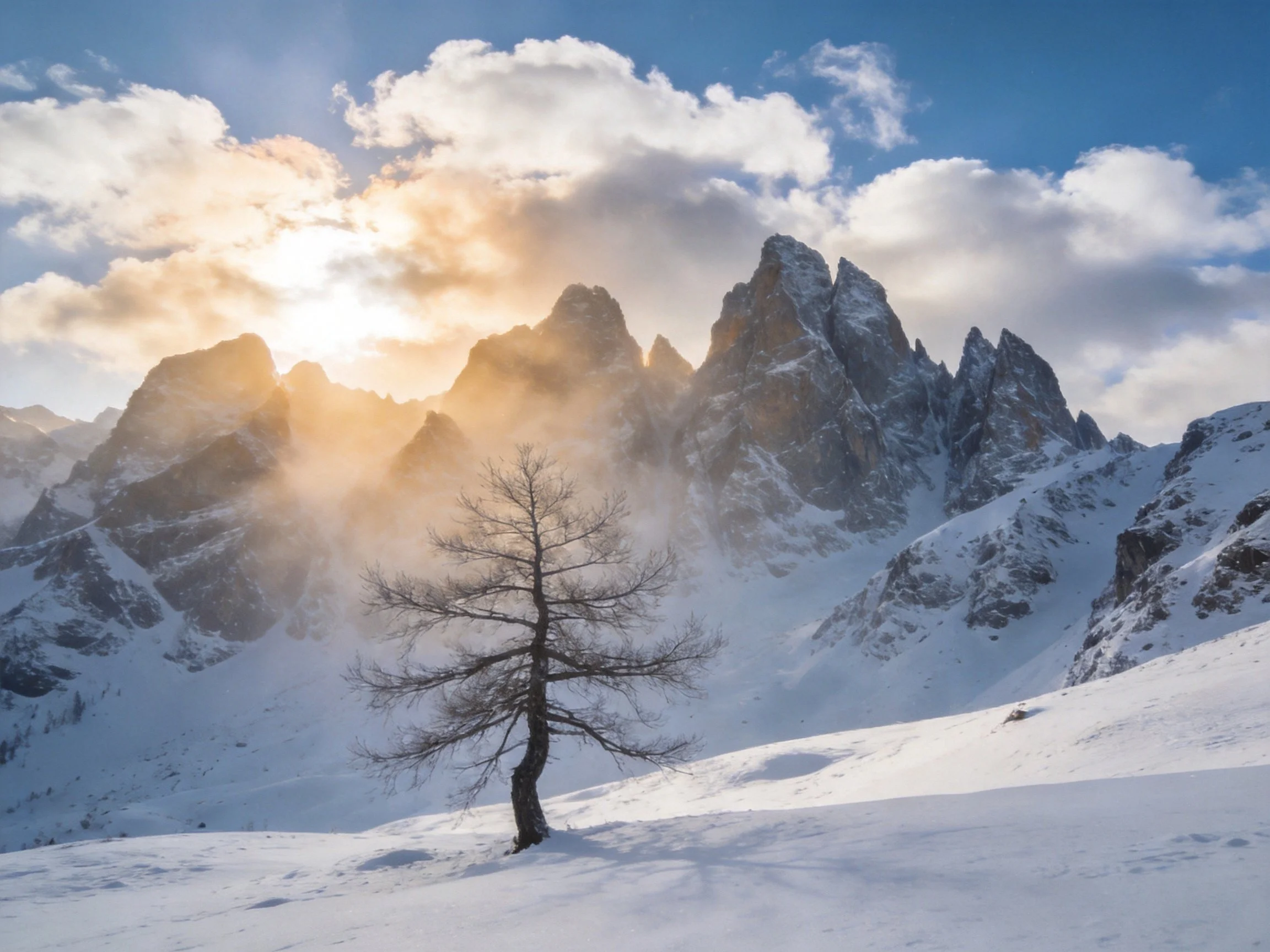 Snow-capped mountain peaks with a lone bare tree under golden sunlight