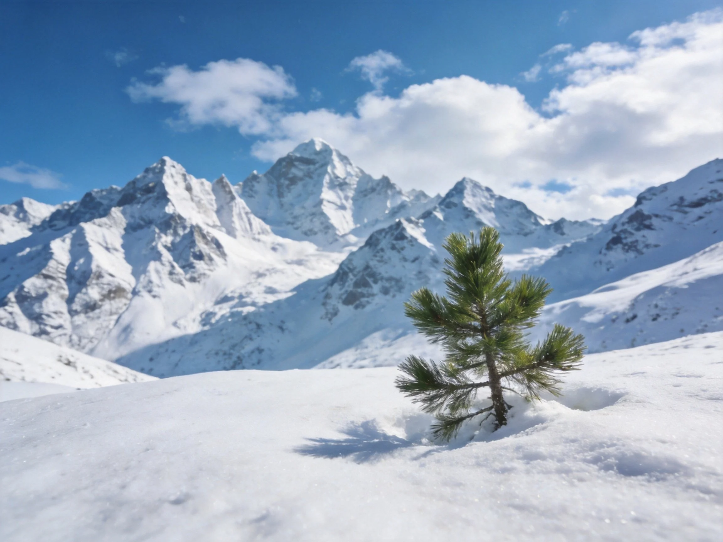 Snow-capped mountain peaks with a lone evergreen tree under clear blue sky