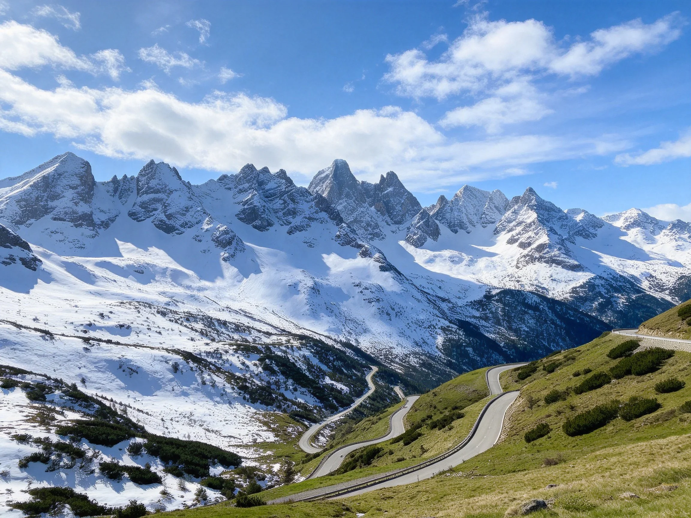 Snow-capped mountain peaks with a winding alpine road