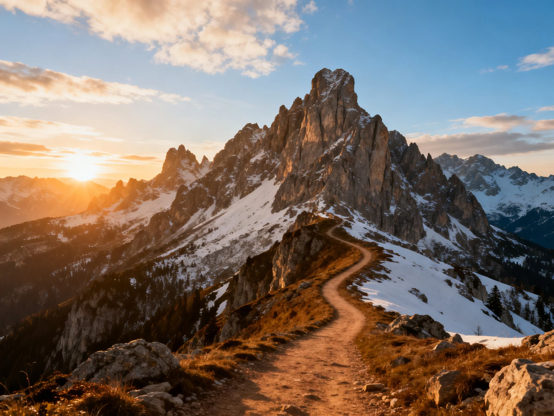 Snow-capped mountain peaks with a winding dirt trail at sunset