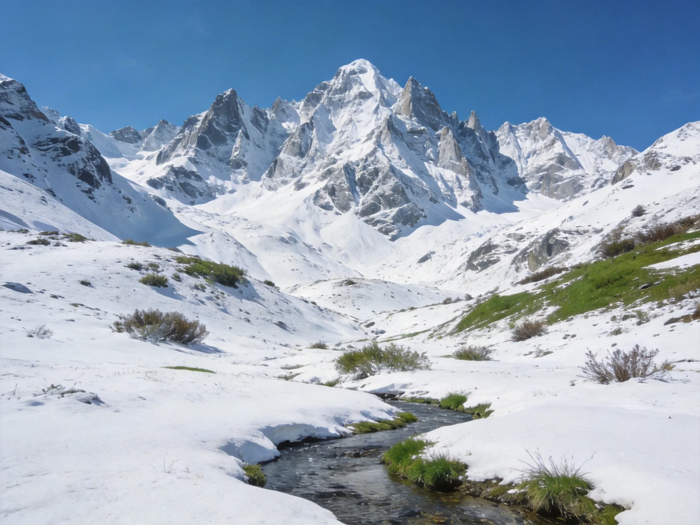 Snow - capped mountain peaks with clear blue skies and green valleys