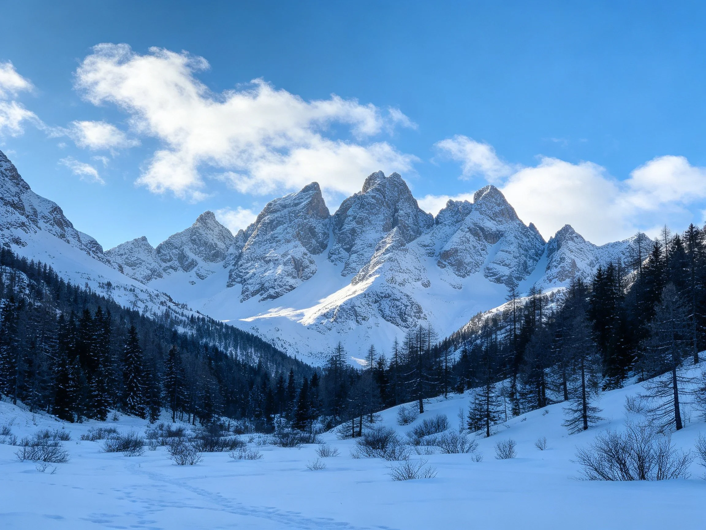 Snow-capped mountain peaks with dark forests under bright blue sky
