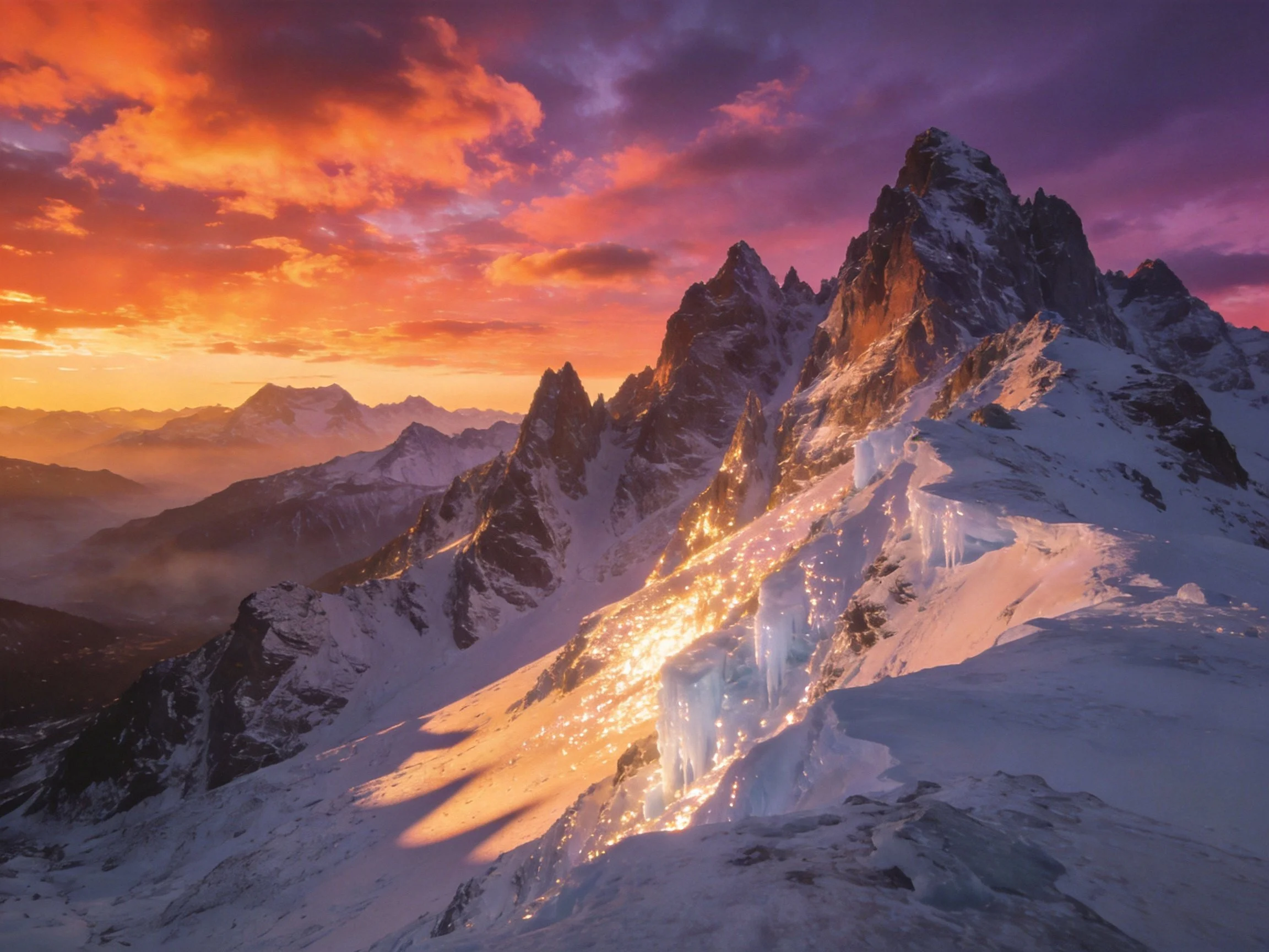 Snow-capped mountain peaks with glowing ice under vibrant sunset skies