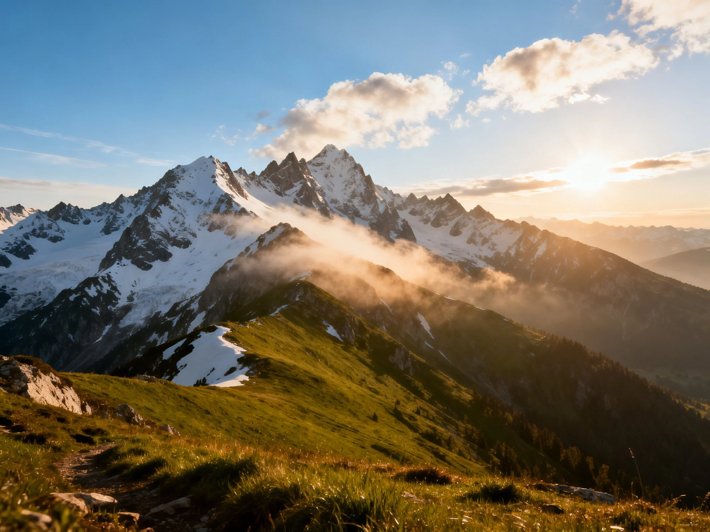 Snow-capped mountain peaks with golden sunset and misty valleys