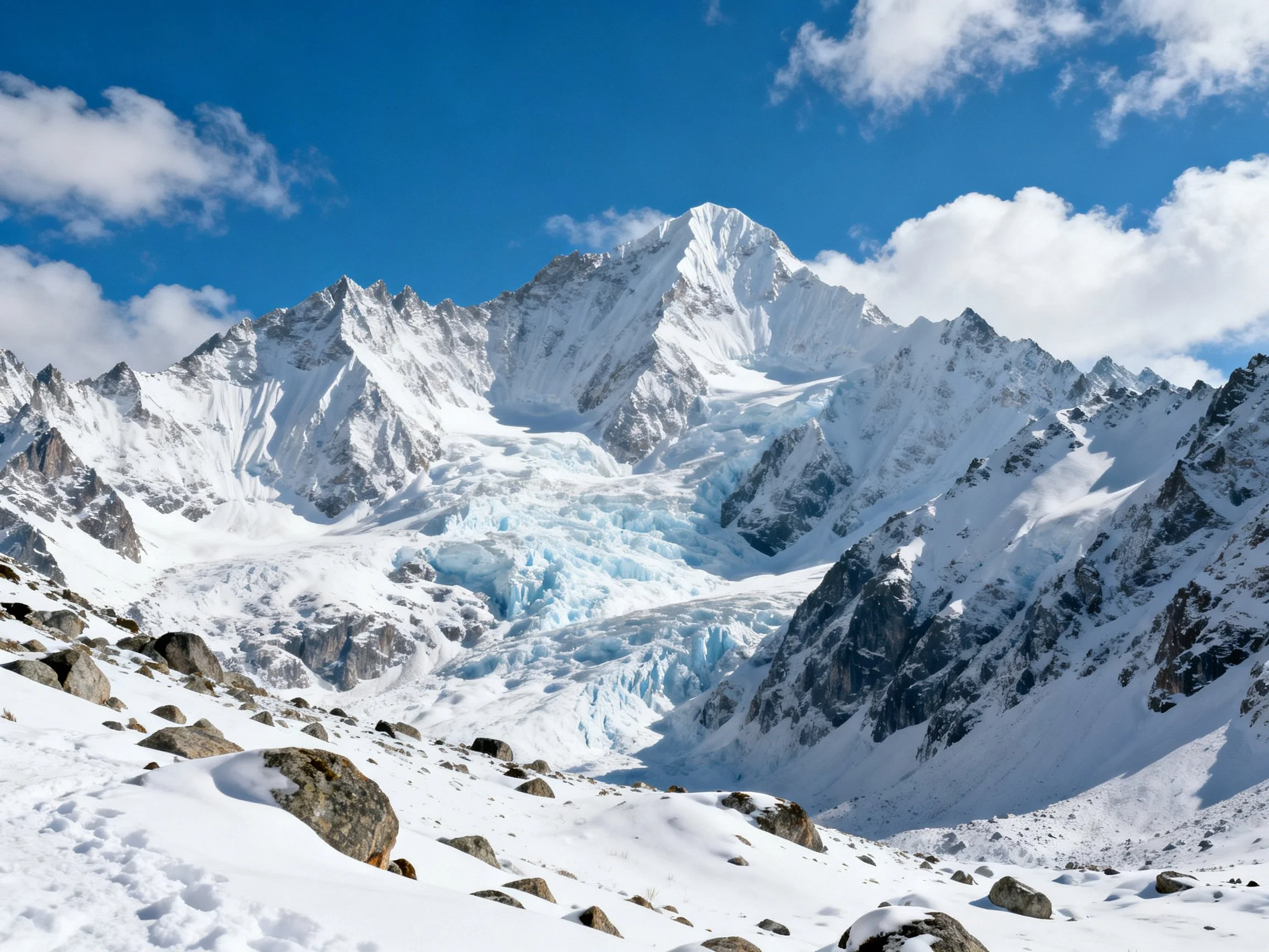 Snow - capped mountain peaks with icy glacier and rocky terrain