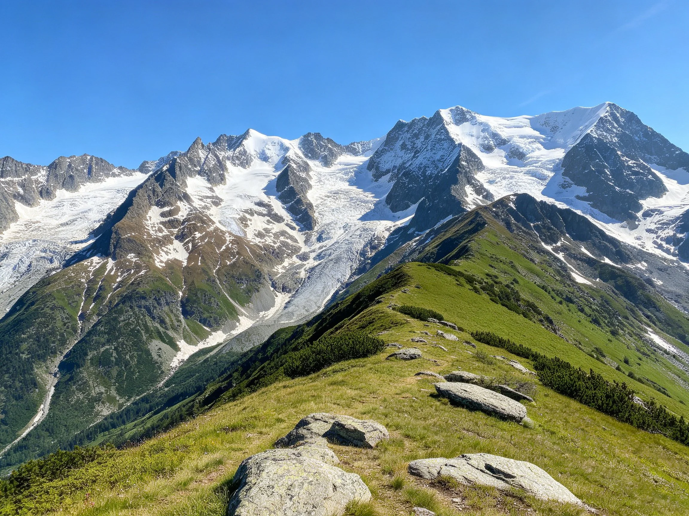 Snow-capped mountain peaks with lush green ridges and rocky foreground