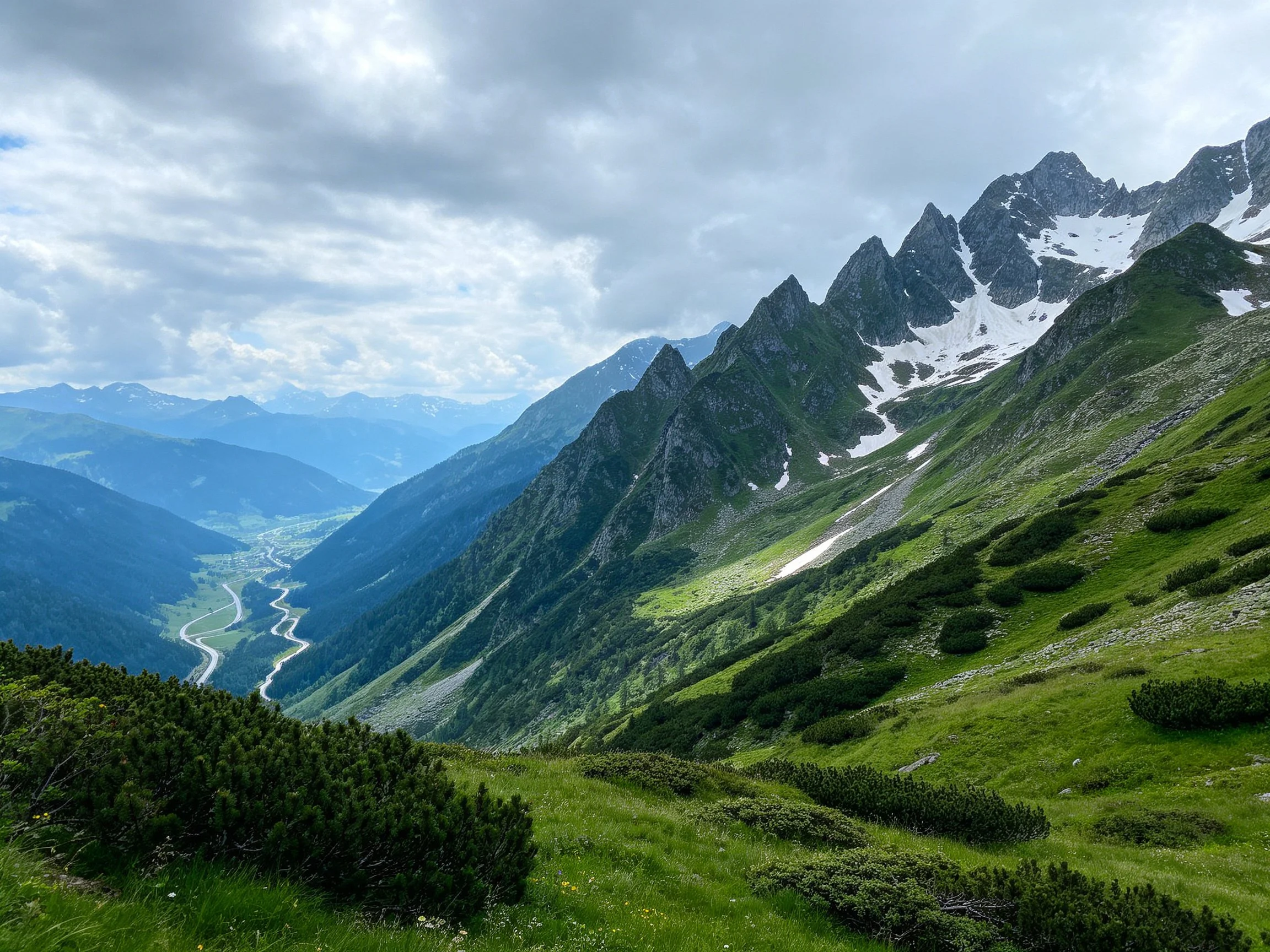 Snow-capped mountain peaks with lush green slopes and winding valley