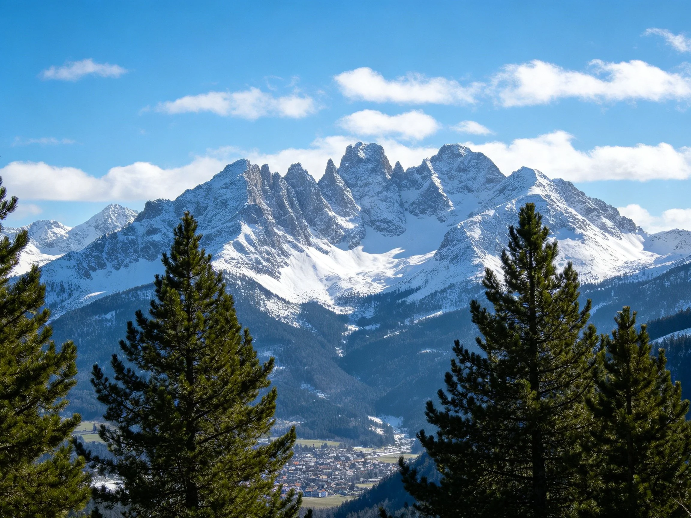 Snow - capped mountain peaks with pine forests and a valley town