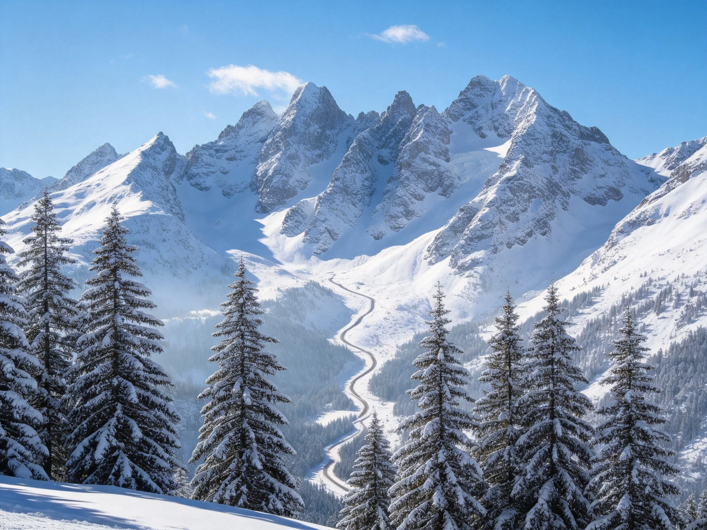 Snow-capped mountain peaks with pine forests and winding road