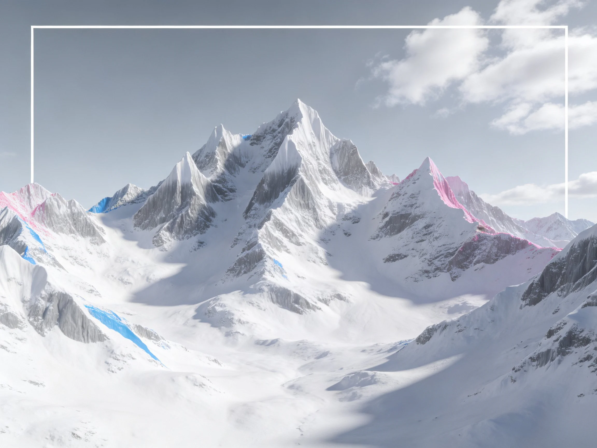 Snow - capped mountain peaks with pink and blue accents under clear sky