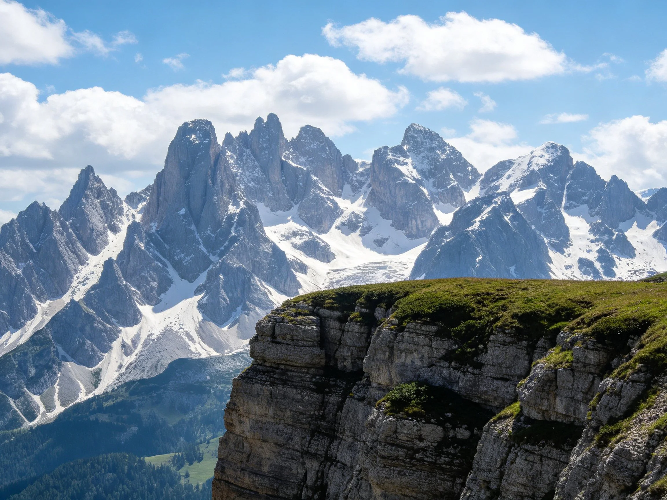 Snow-capped mountain peaks with rocky cliffside and green meadow