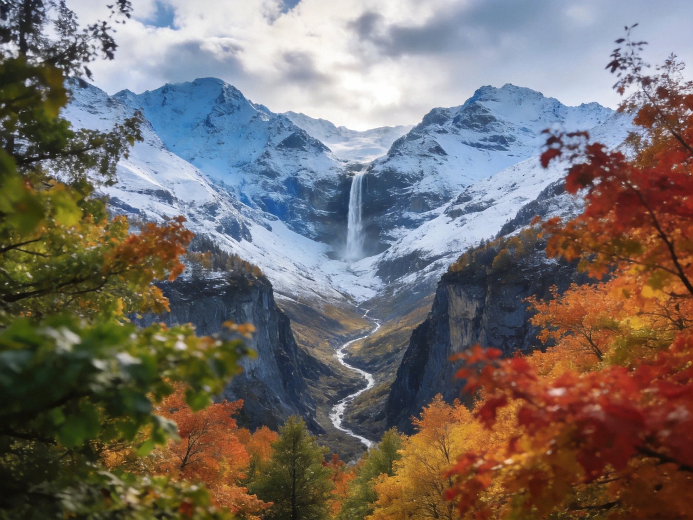 Snow - capped mountain peaks with waterfall and vibrant fall foliage