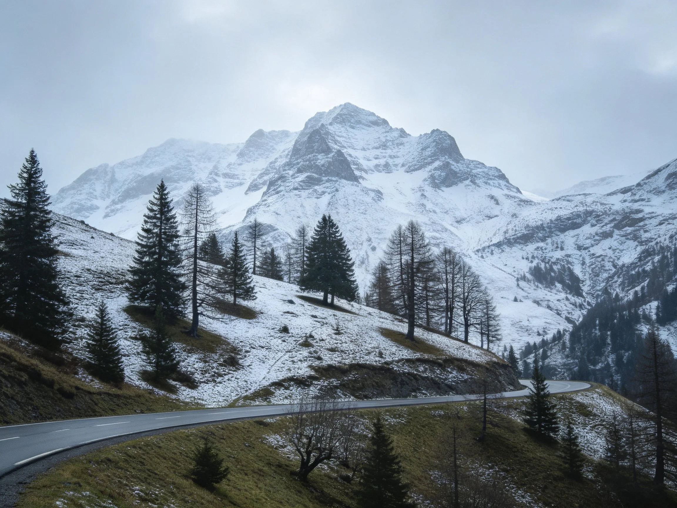 Snow-capped mountain peaks with winding road and evergreen trees