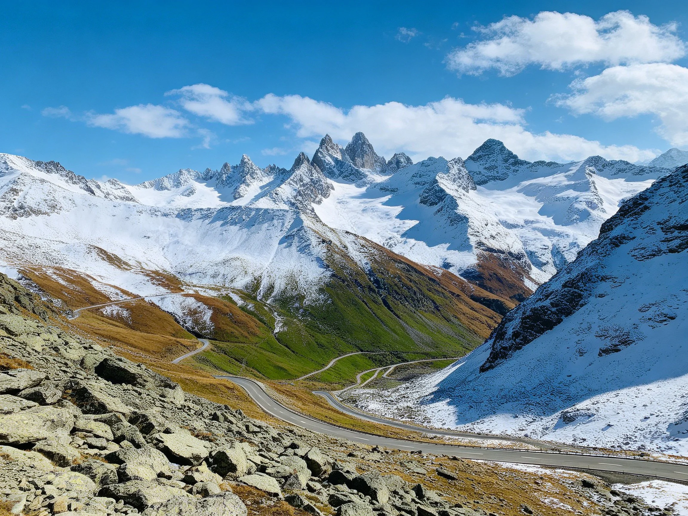 Snow - capped mountain peaks with winding roads and rocky terrain