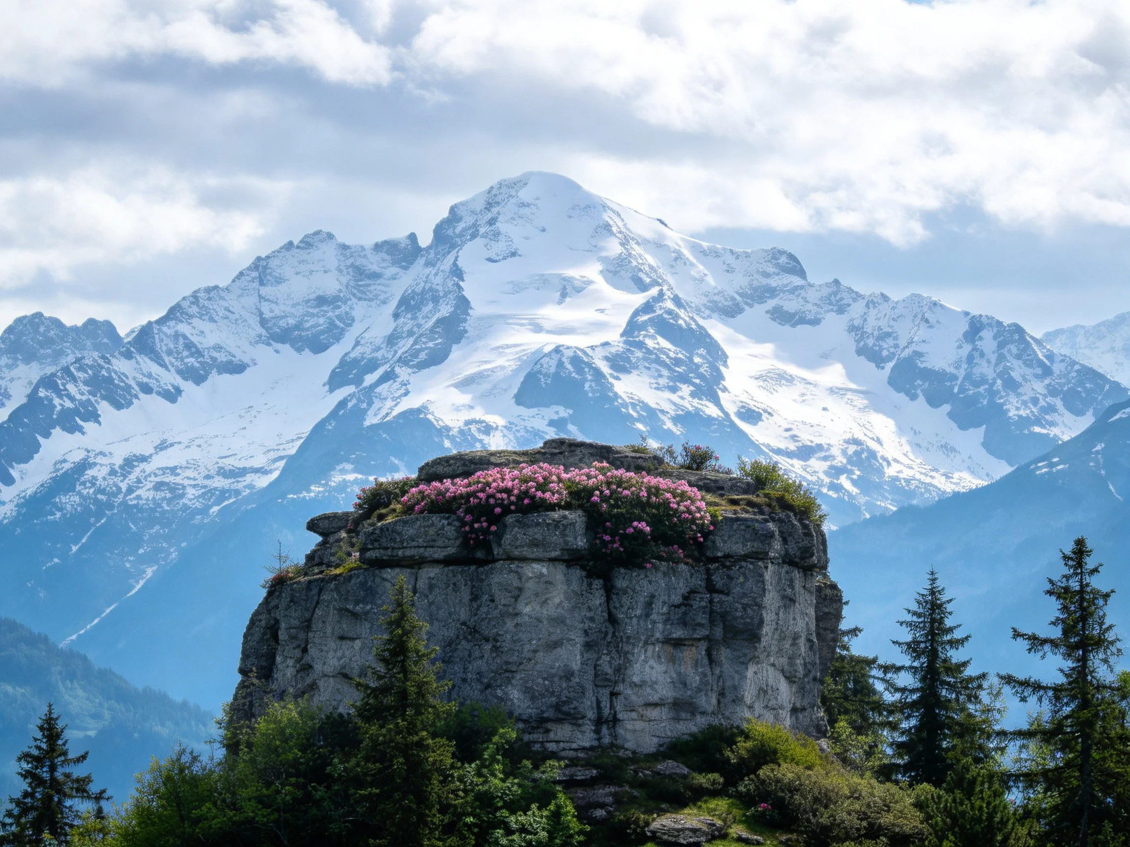 Snow-capped mountain range behind a rocky outcrop with pink flowers