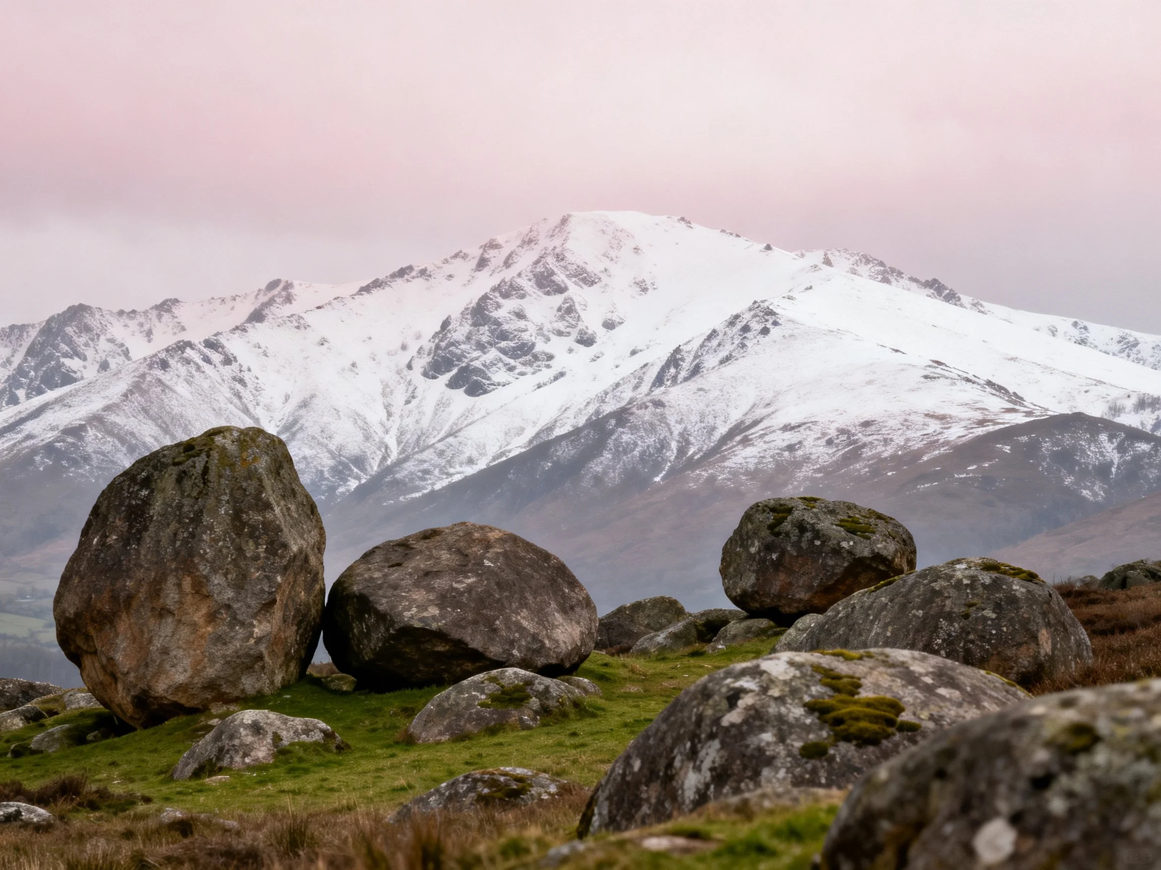 Snow-capped mountain range behind weathered boulders and green terrain