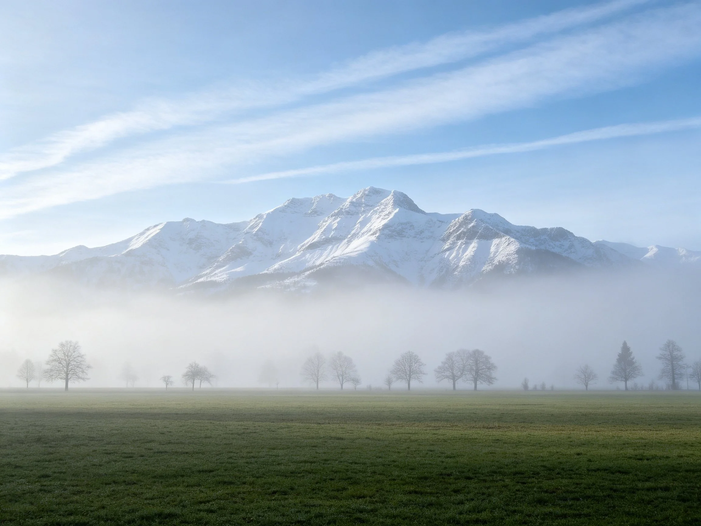 Snow-capped mountain range looms behind foggy meadow with scattered trees