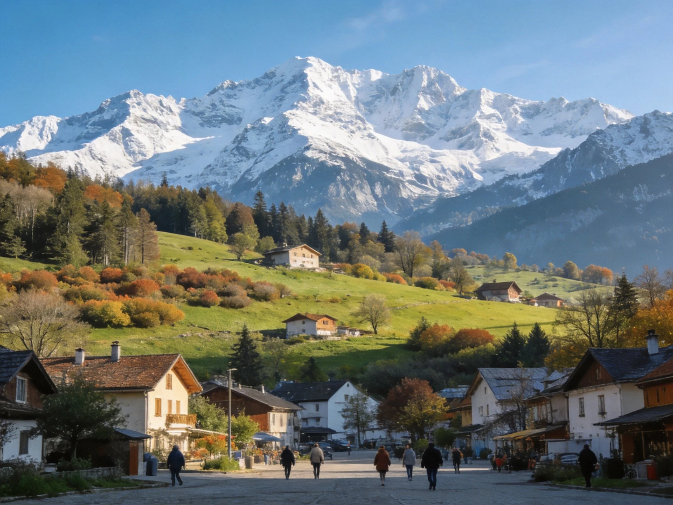Snow - capped mountain range overlooks a quaint village with autumn - hued hills