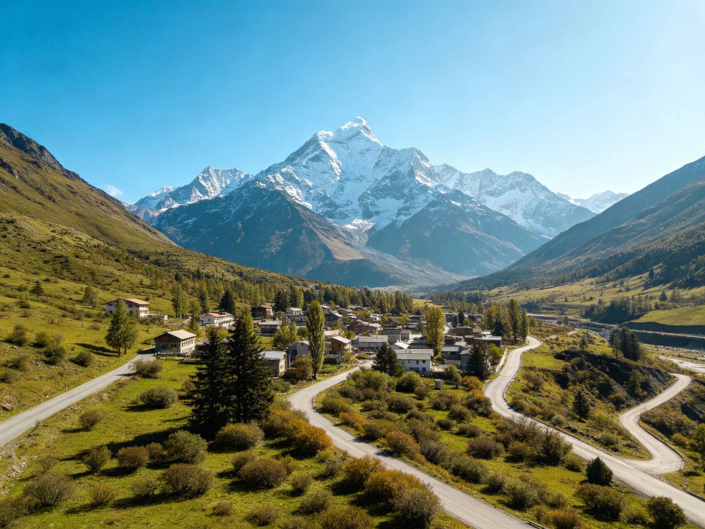 Snow-capped mountain range overlooks a valley village with winding roads