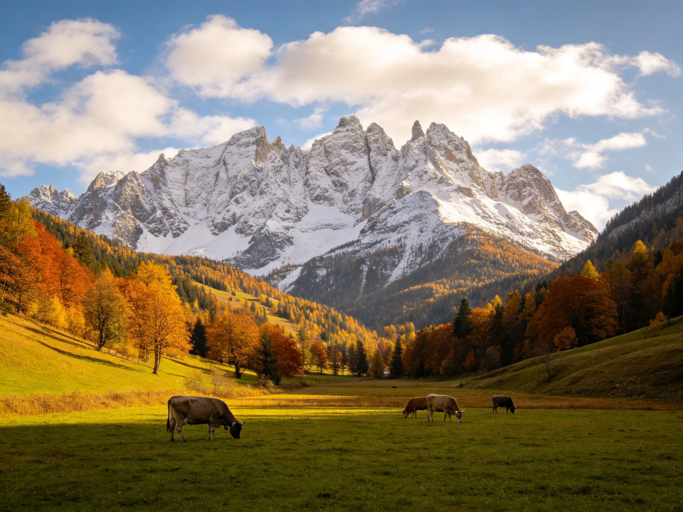 Snow-capped mountain range overlooks autumnal meadow with grazing cows