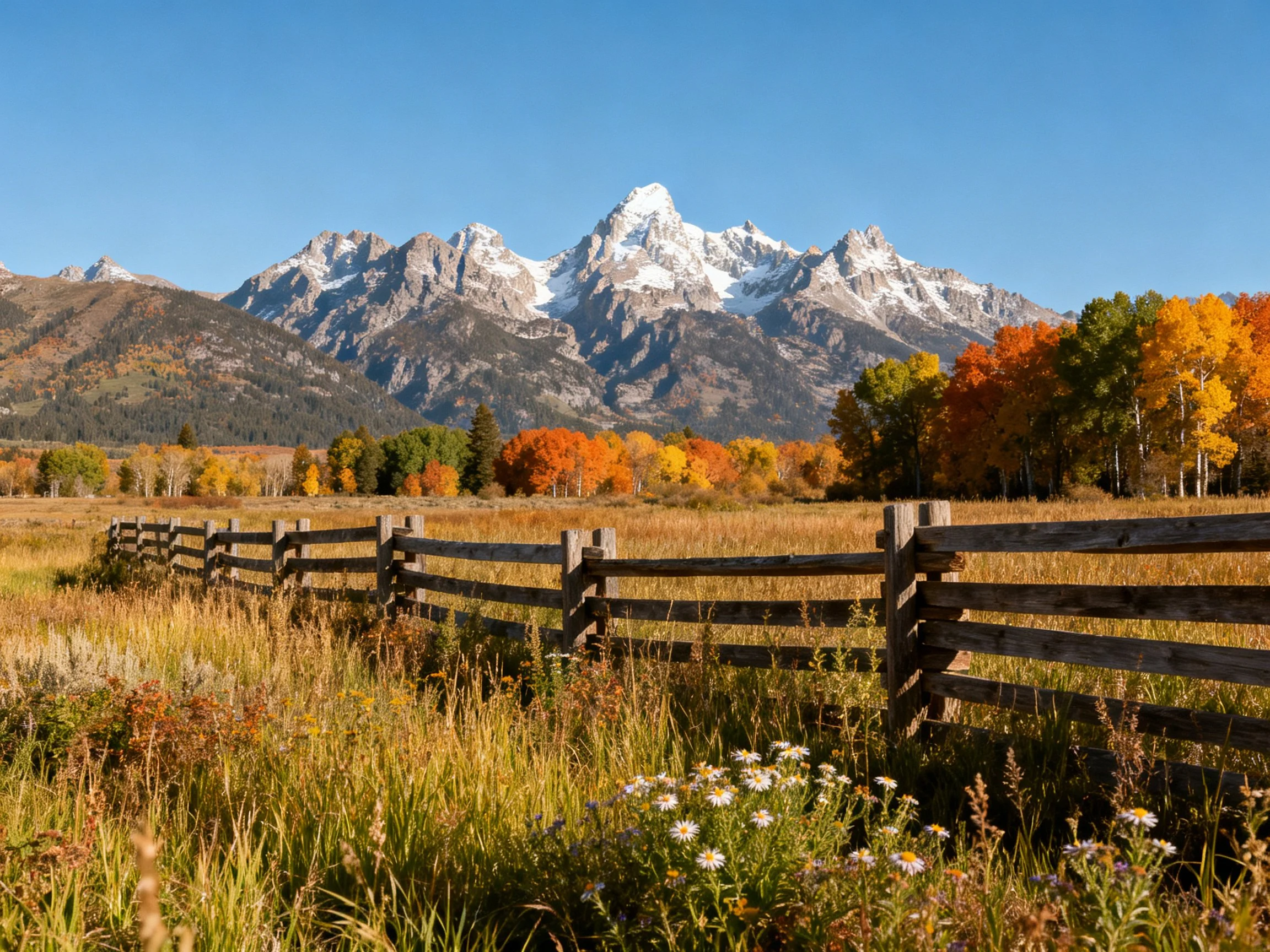 Snow-capped mountain range overlooks golden fields with colorful autumn foliage