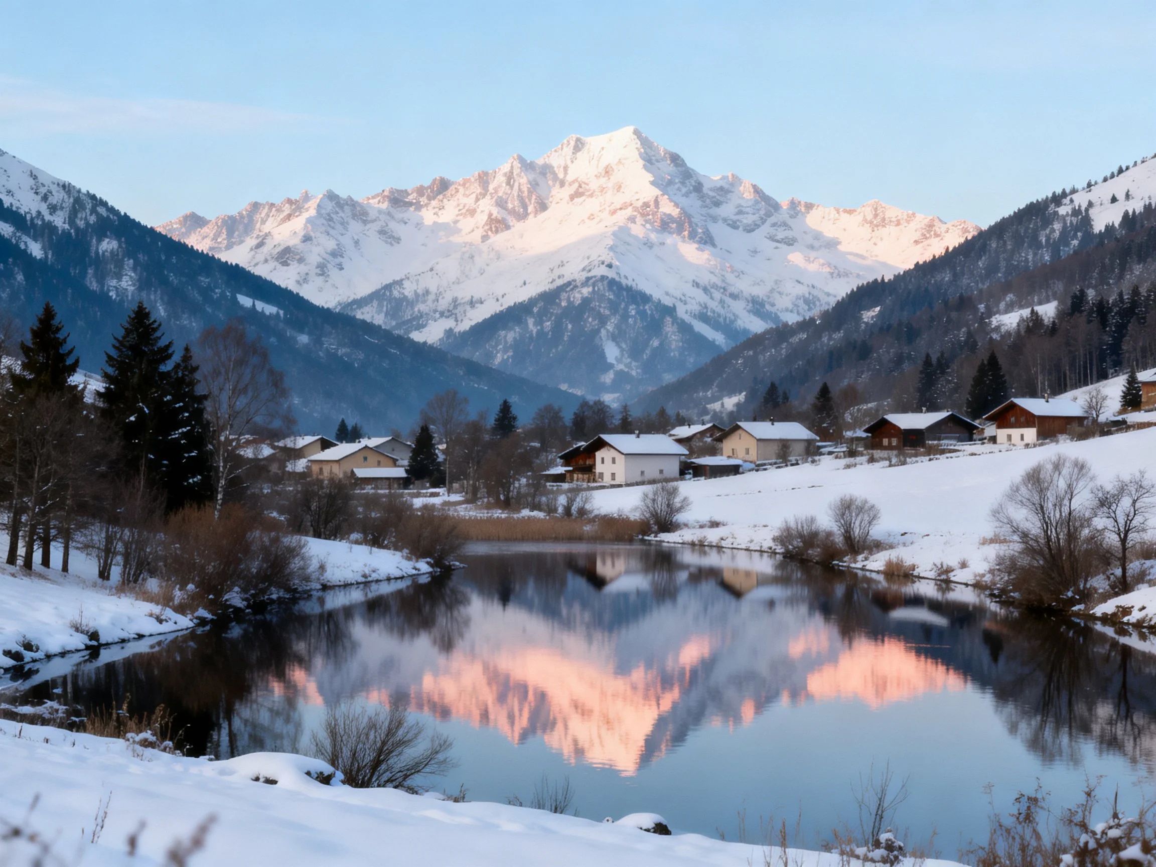 Snow-capped mountain range reflects in a winter village lake