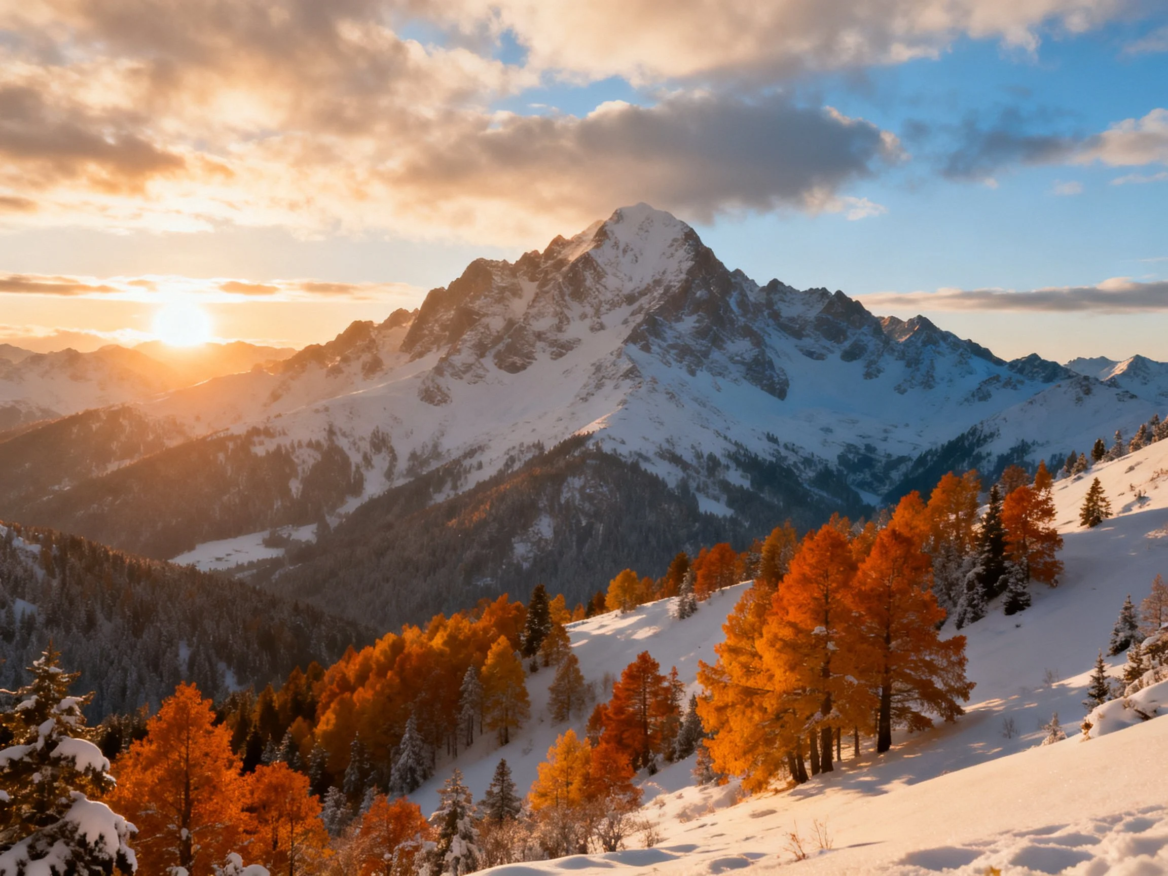 Snow-capped mountain range with autumn trees under golden sunset