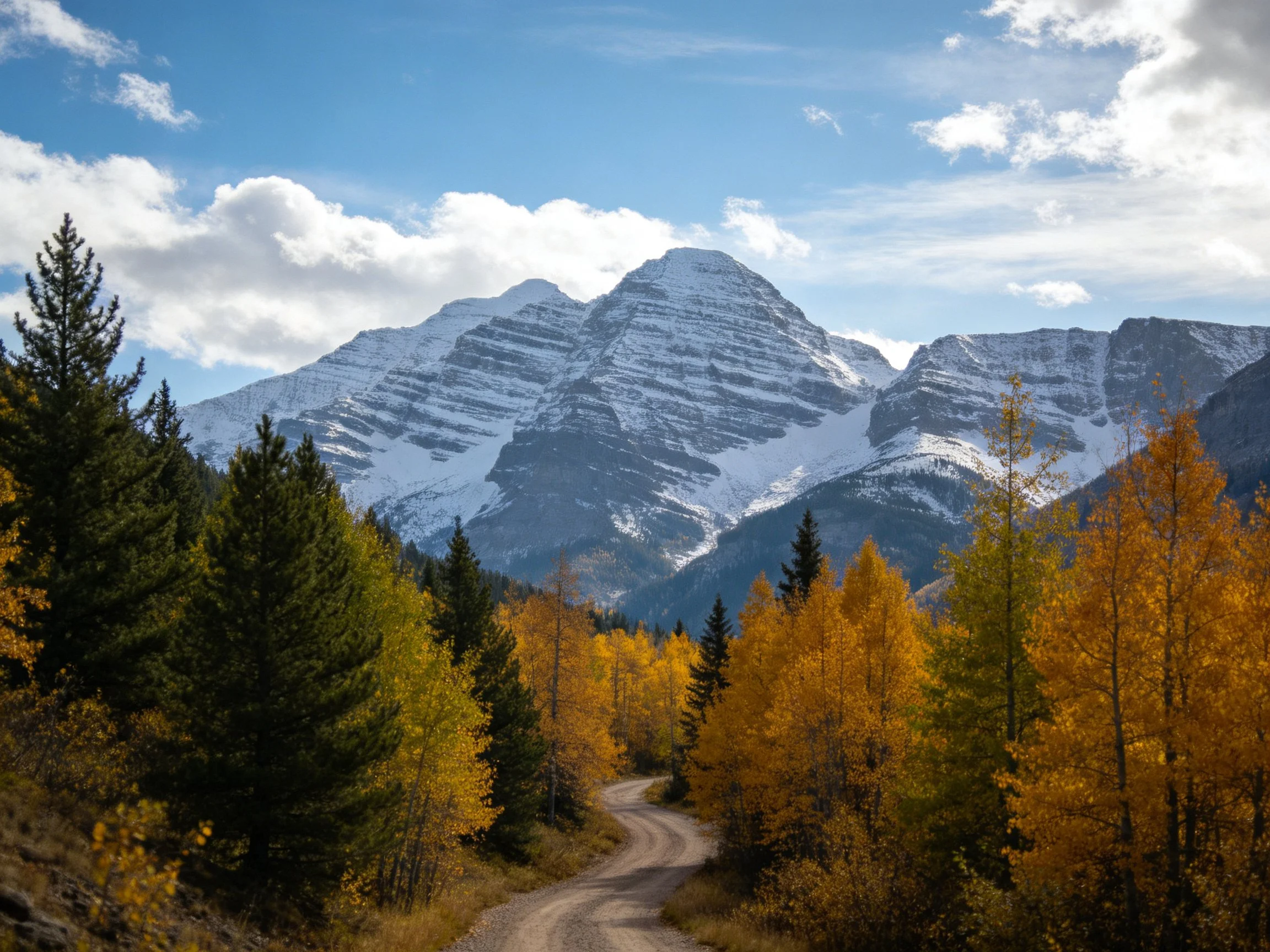 Snow - capped mountain range with golden autumn trees near winding dirt path