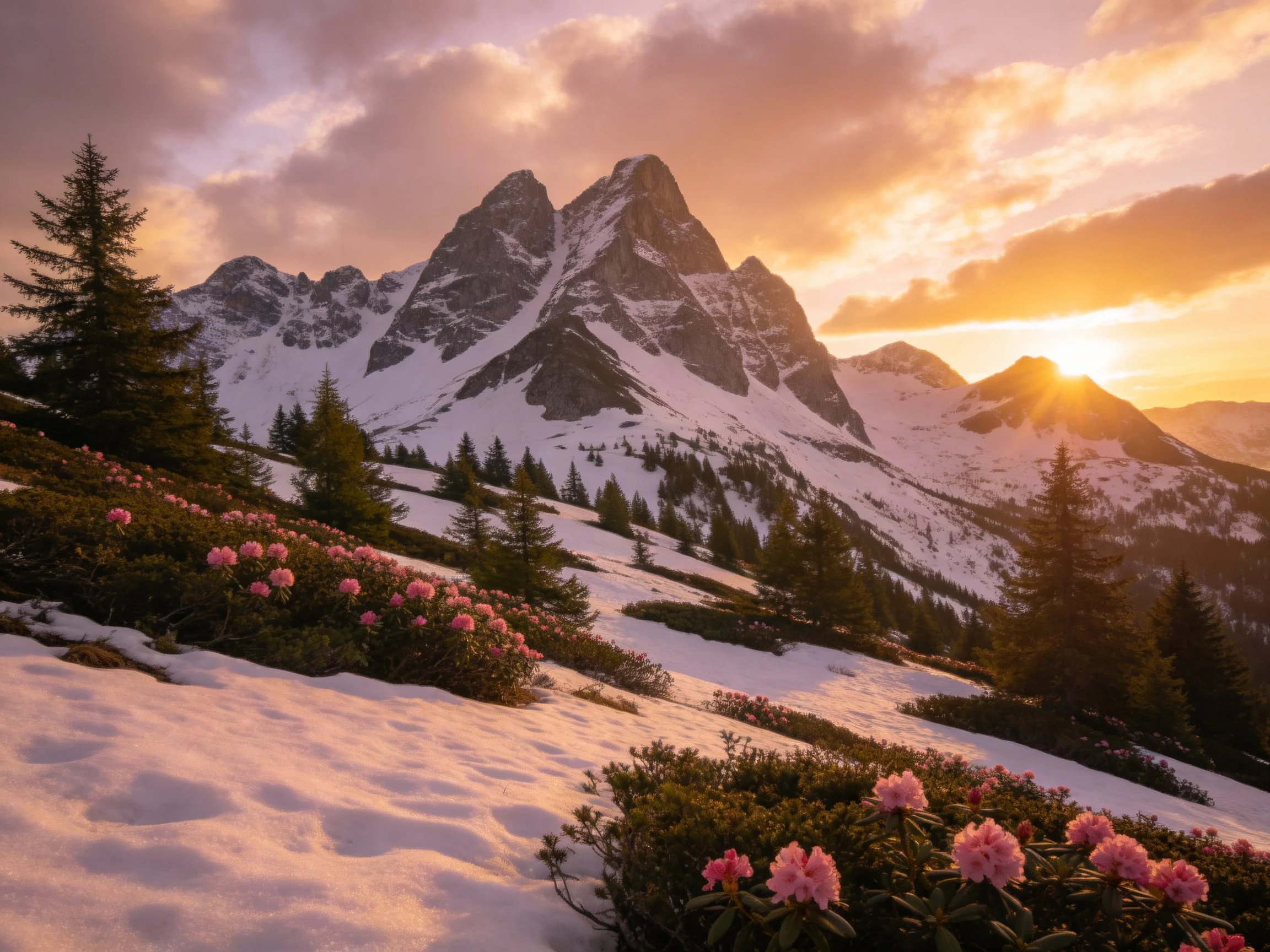 Snow-capped mountain range with pink wildflowers and golden sunset