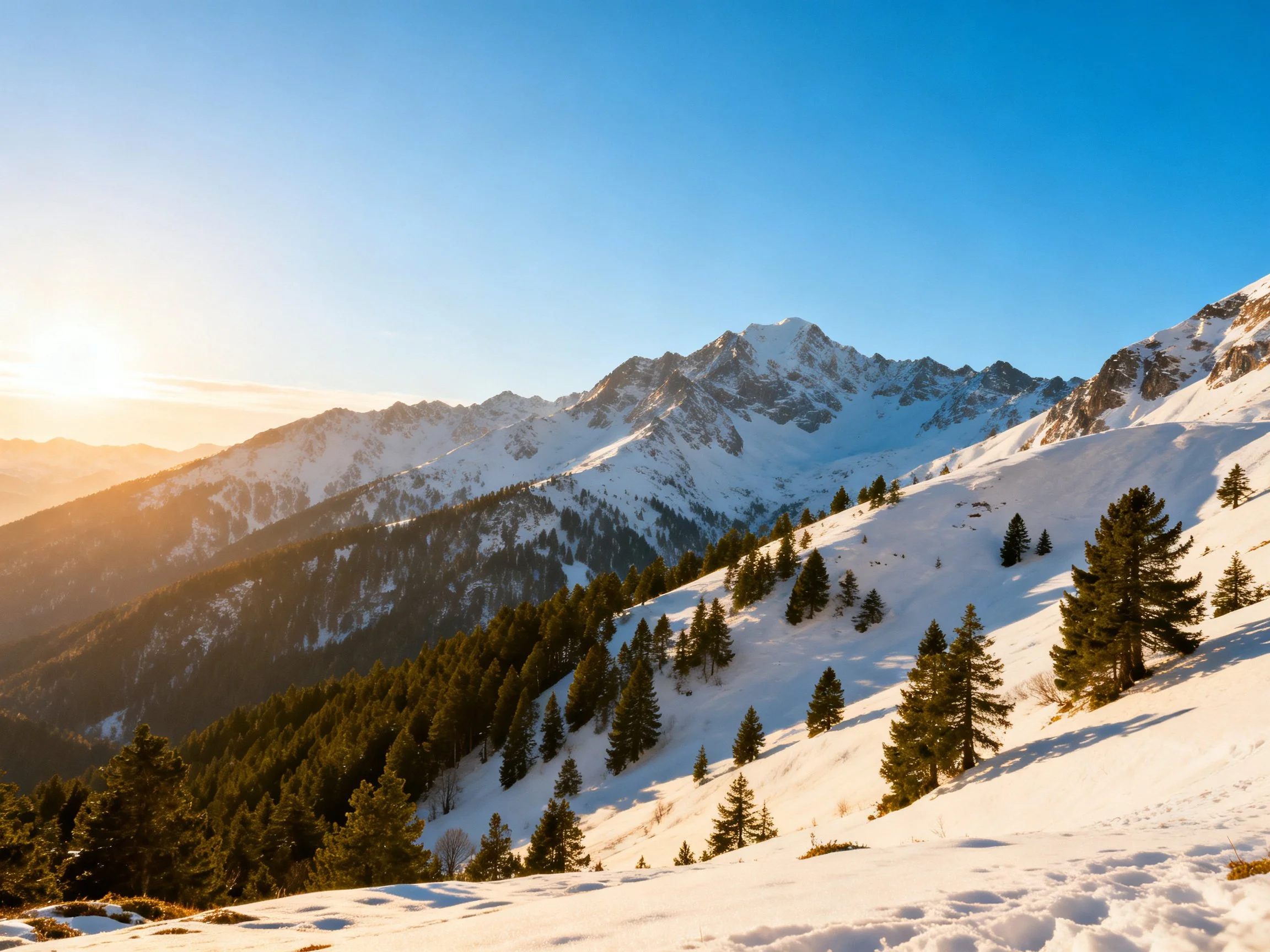 Snow - capped mountain ranges with evergreen forests under bright sunlight
