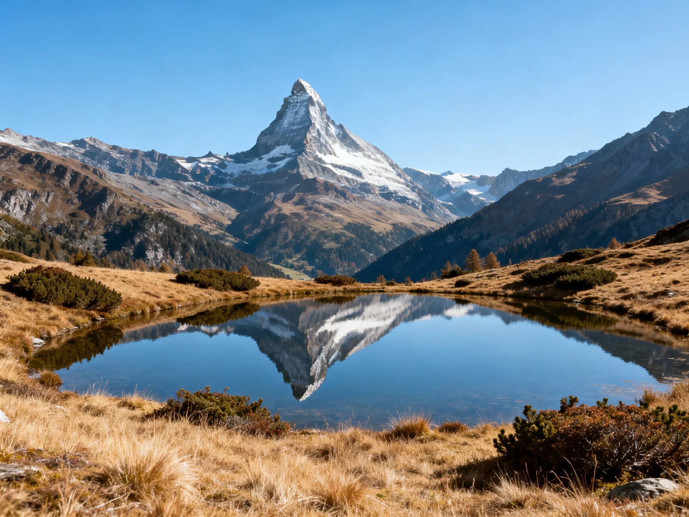 Snow - capped mountain reflected in a calm alpine lake with rugged surroundings