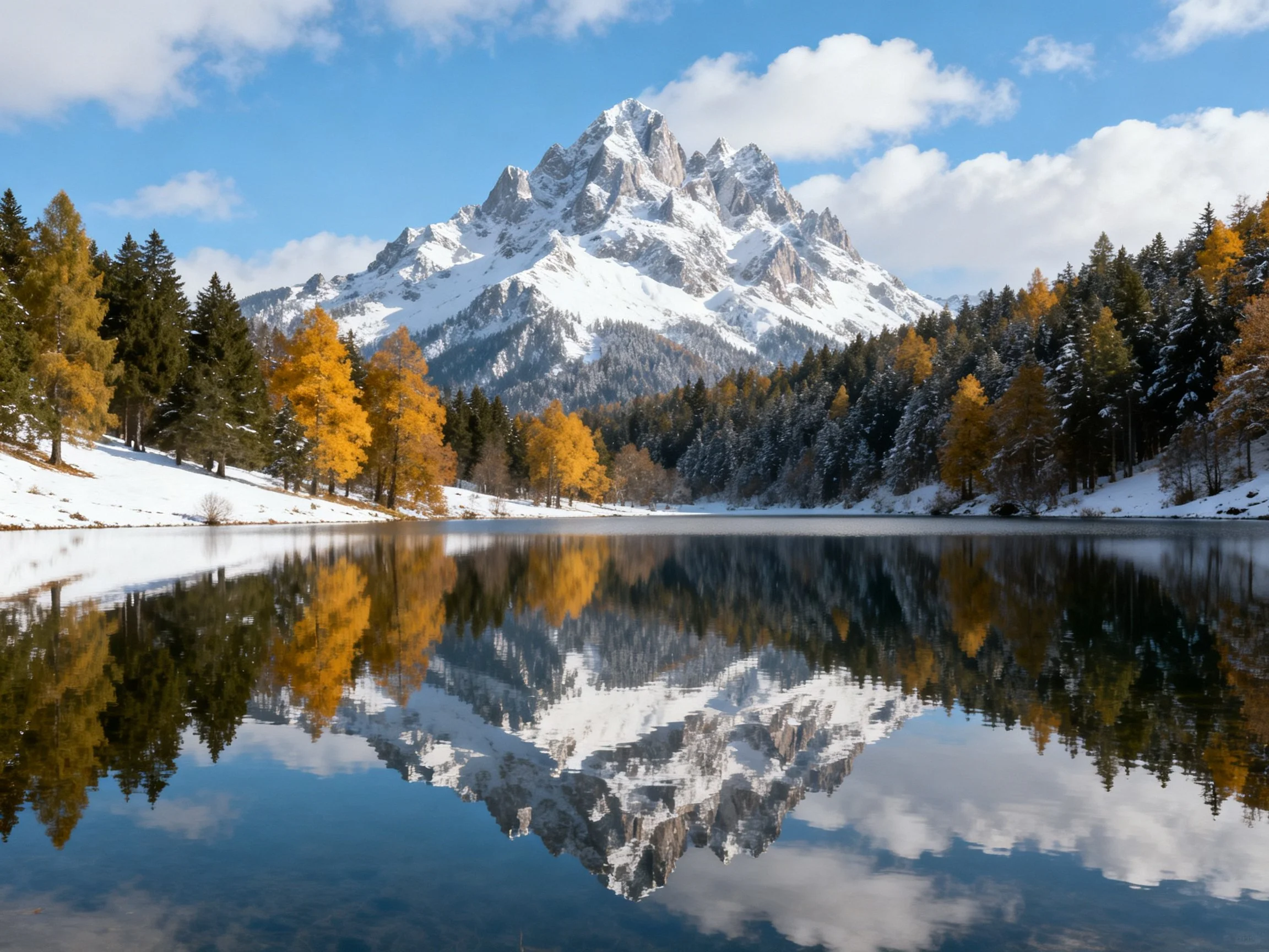 Snow-capped mountain reflected in a serene alpine lake