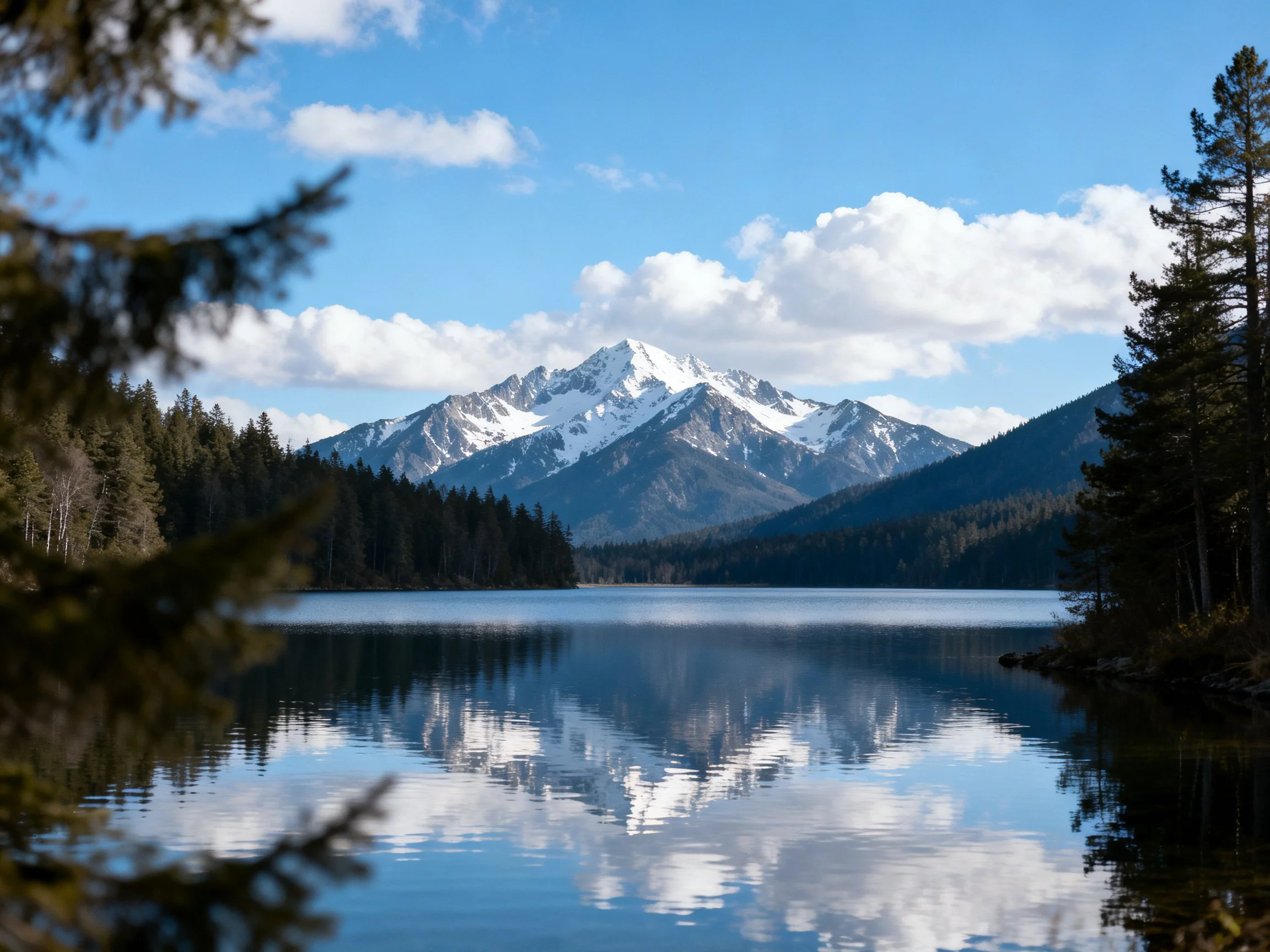 Snow-capped mountain reflected in calm blue lake with forested shores
