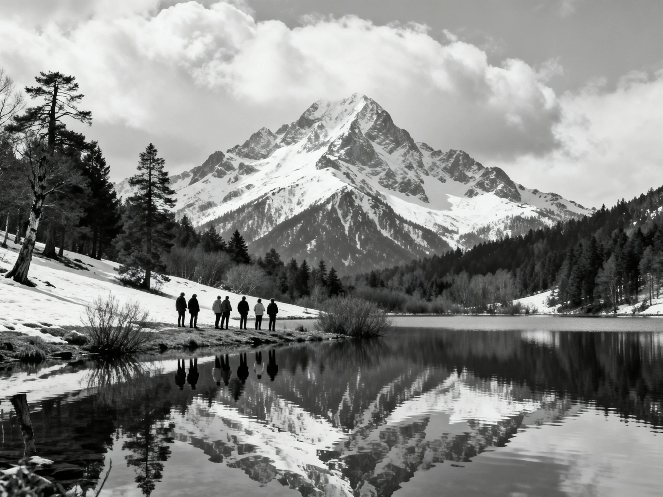Snow-capped mountain reflected in calm lake with group of people