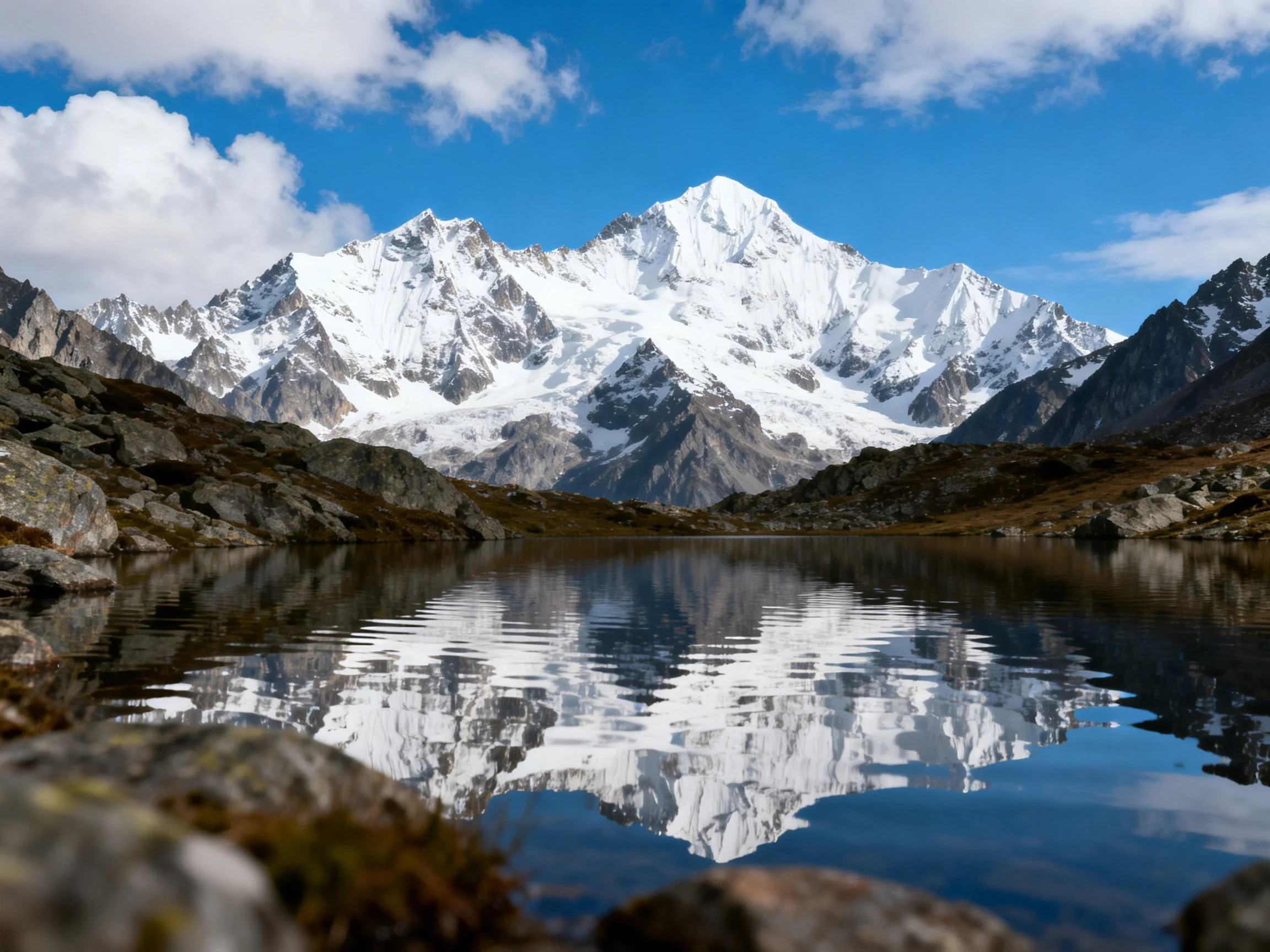 Snow-capped mountain reflected in serene alpine lake with rugged rocky surroundings