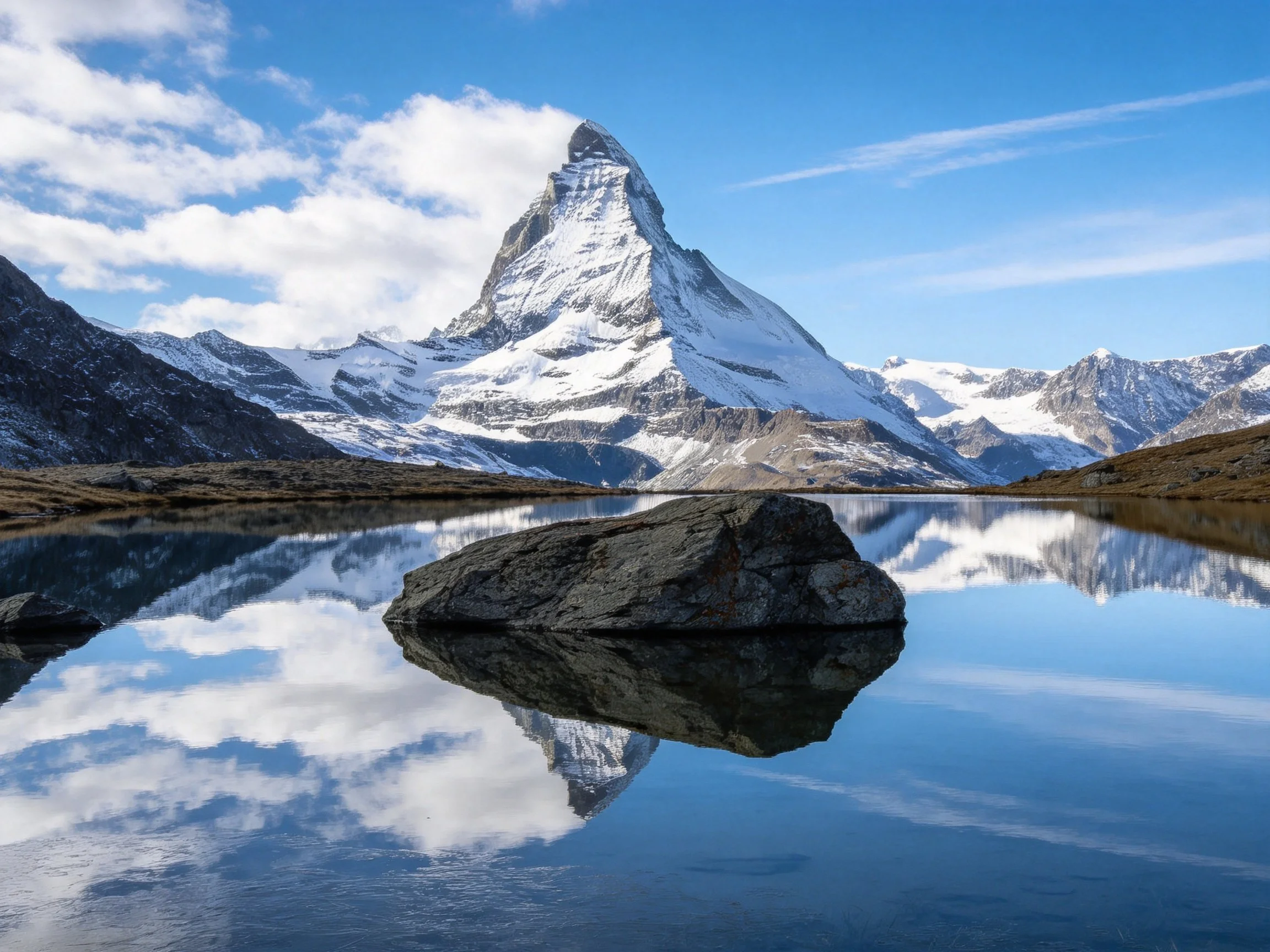 Snow-capped mountain reflected in tranquil alpine lake with rocky foreground
