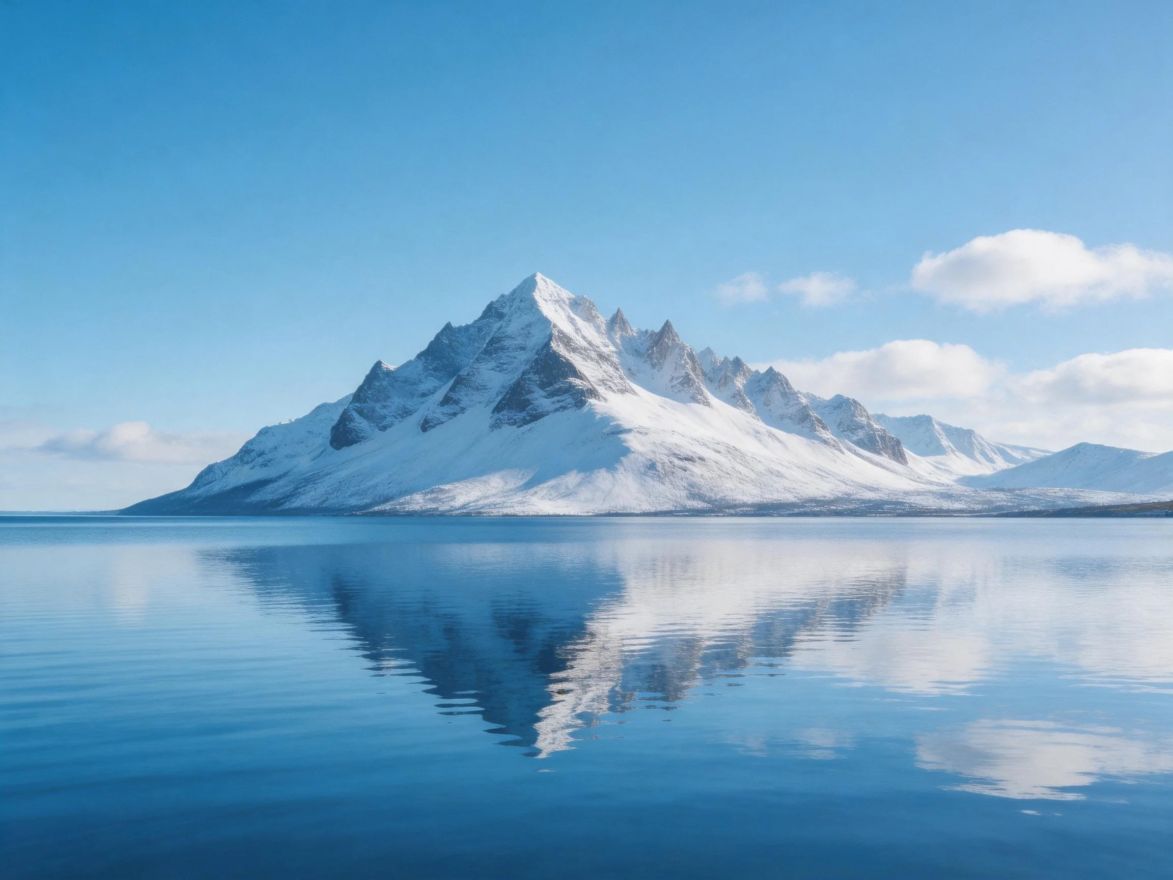 Snow - capped mountain reflected in tranquil blue waters
