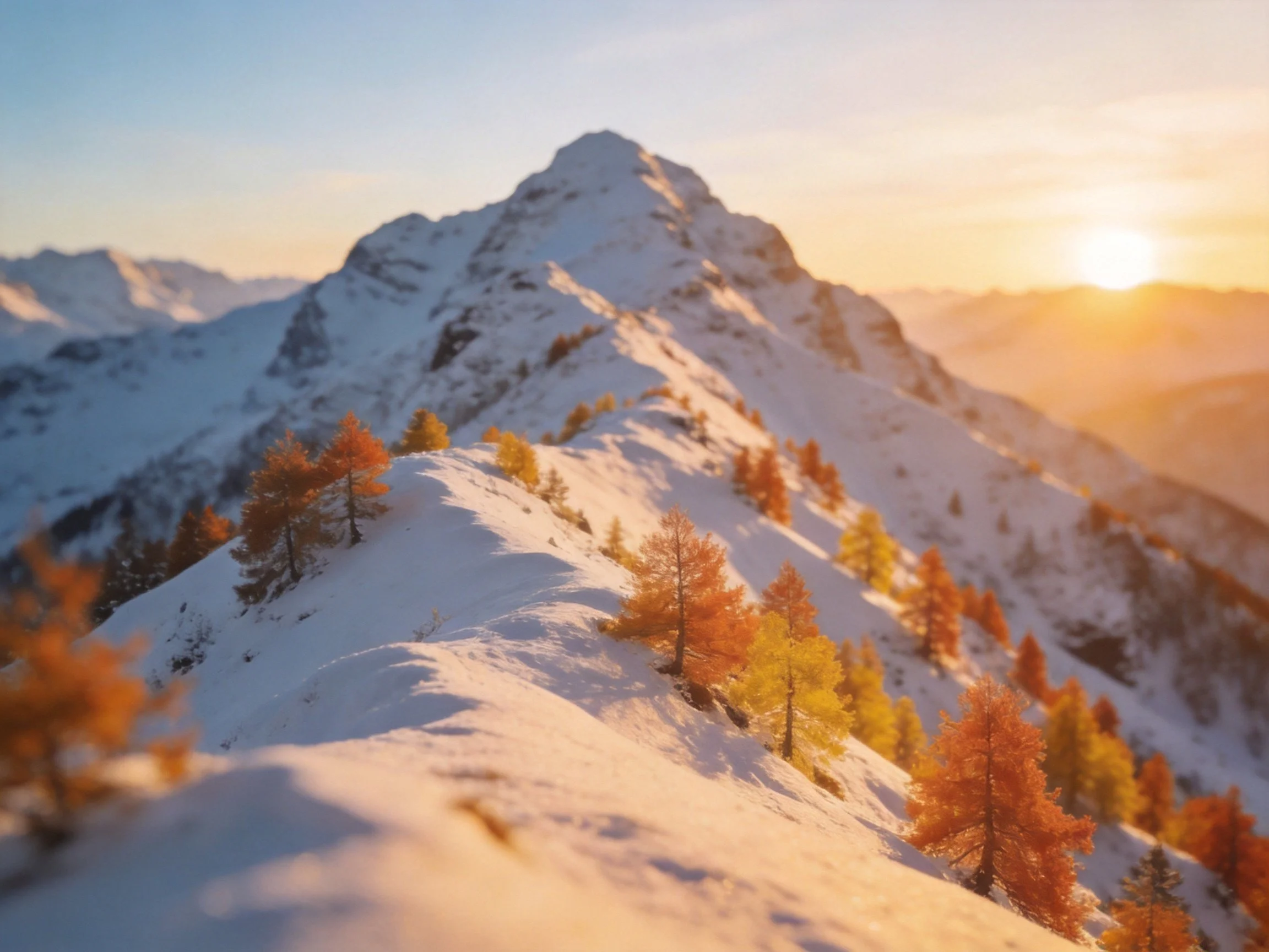 Snow-capped mountain ridge with autumn trees under golden sunset