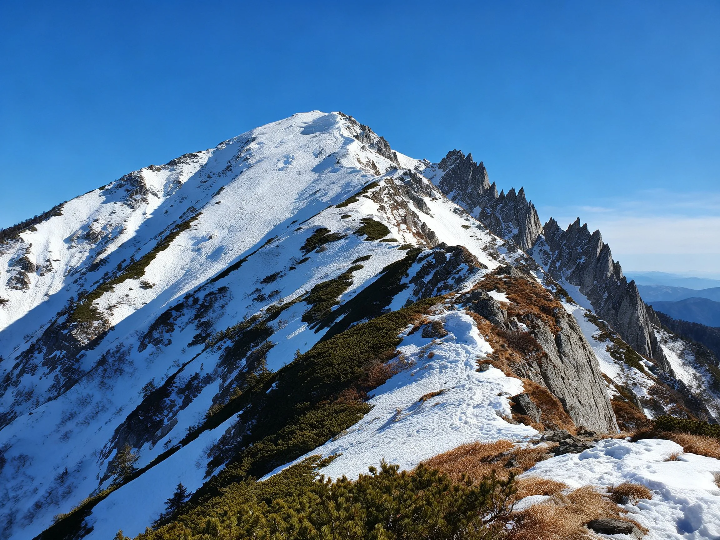 Snow-capped mountain ridge with jagged rock formations under bright blue sky