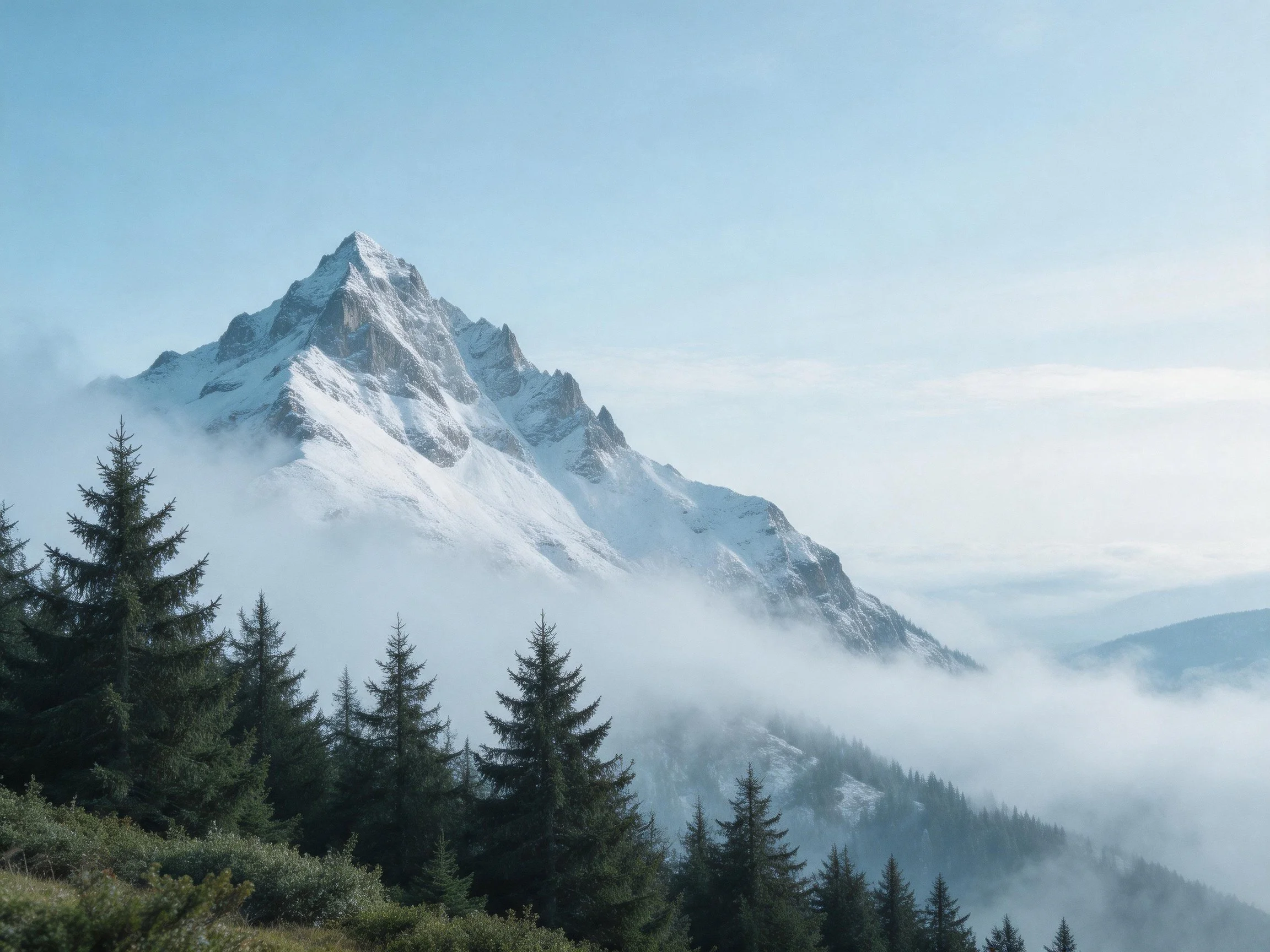 Snow - capped mountain rises above misty evergreen forest under clear blue sky