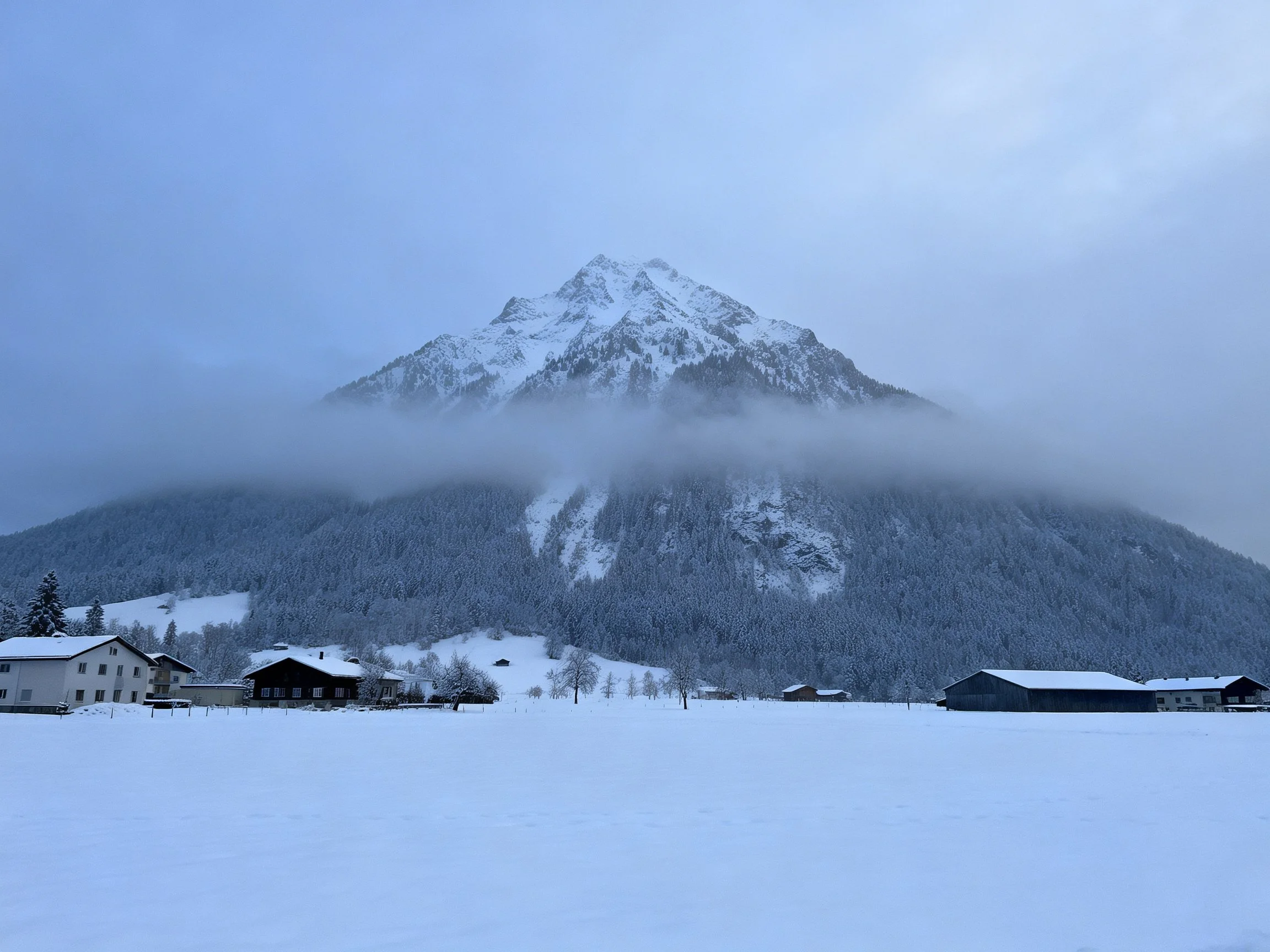 Snow-capped mountain rises above snow-covered village with misty forest