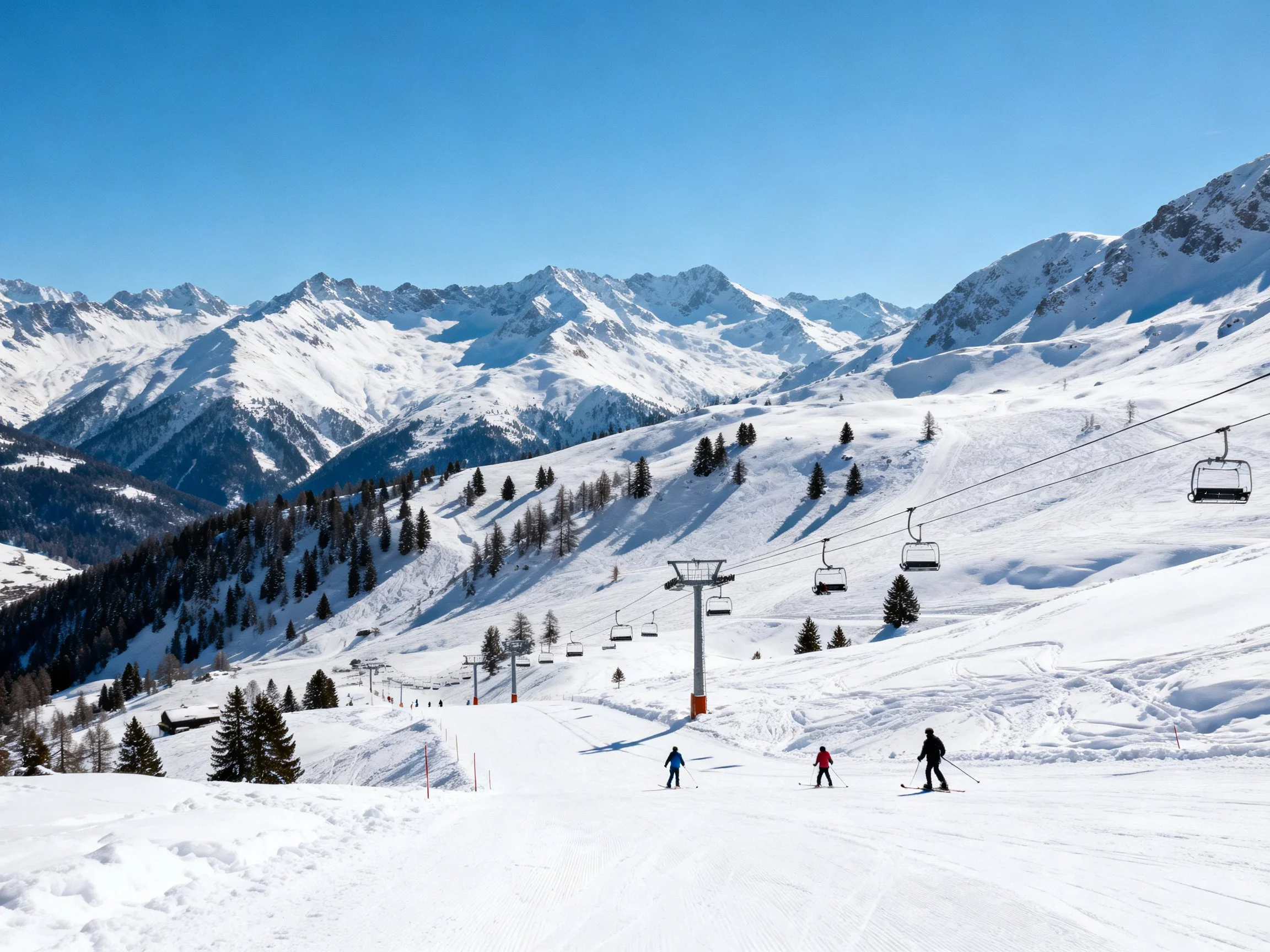 Snow-capped mountain ski slope with ski lifts, skiers, and pine trees