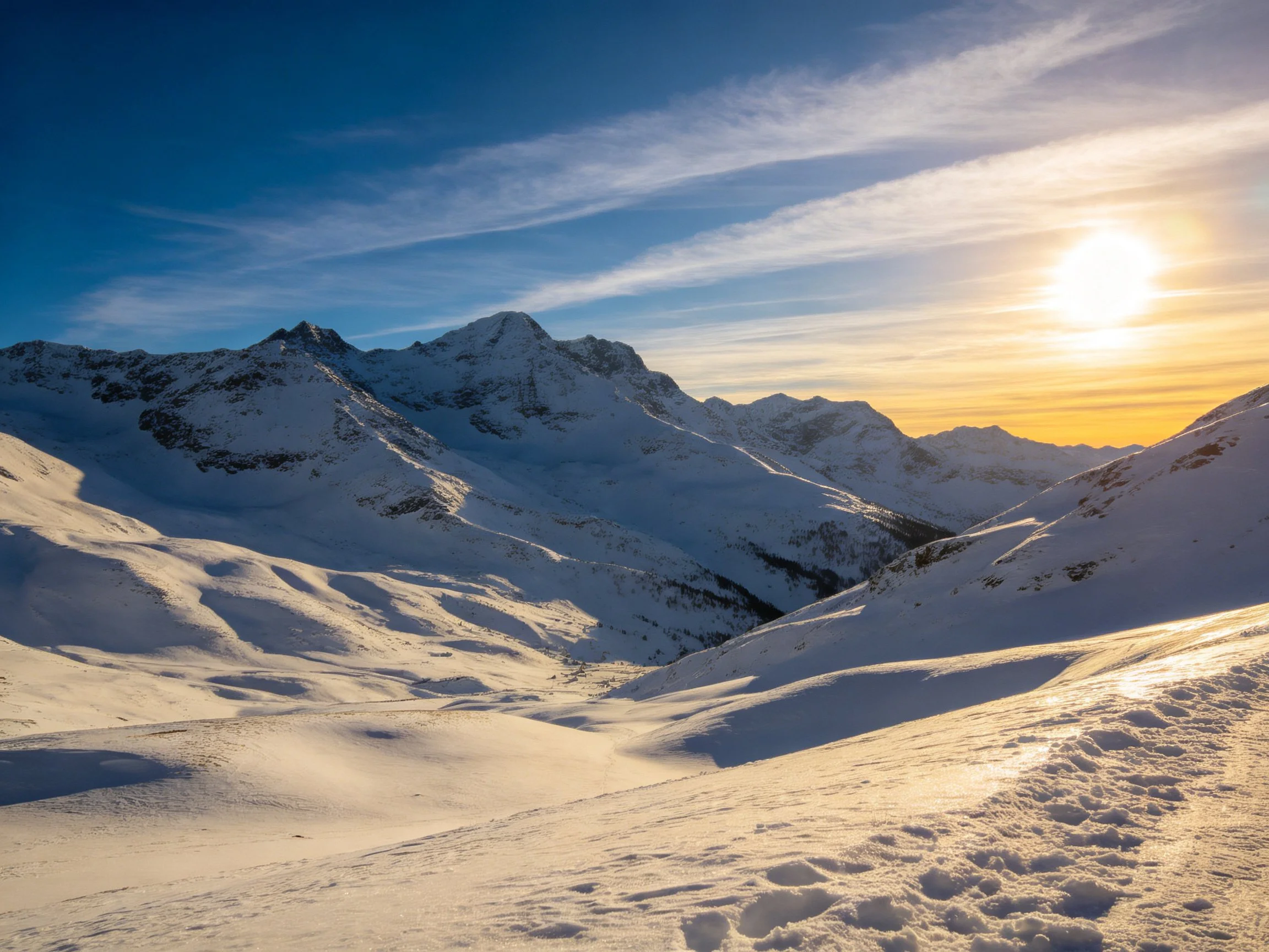 Snow-capped mountain slopes bathed in golden sunset light