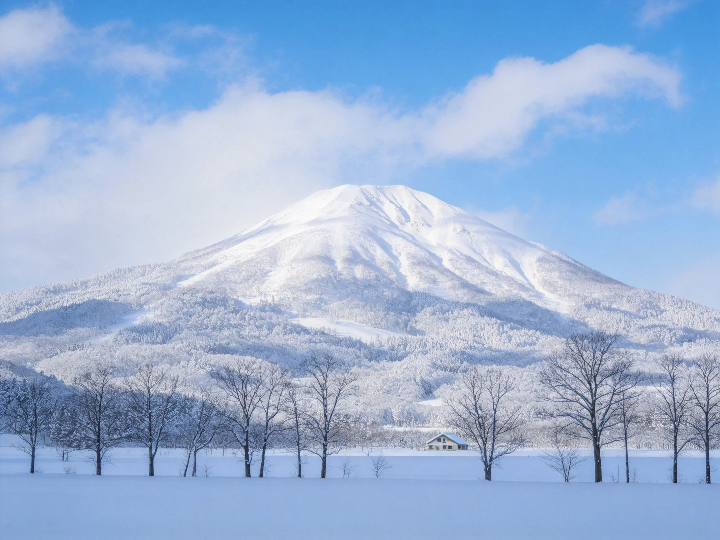 Snow - capped mountain towers over frosty field with leafless trees
