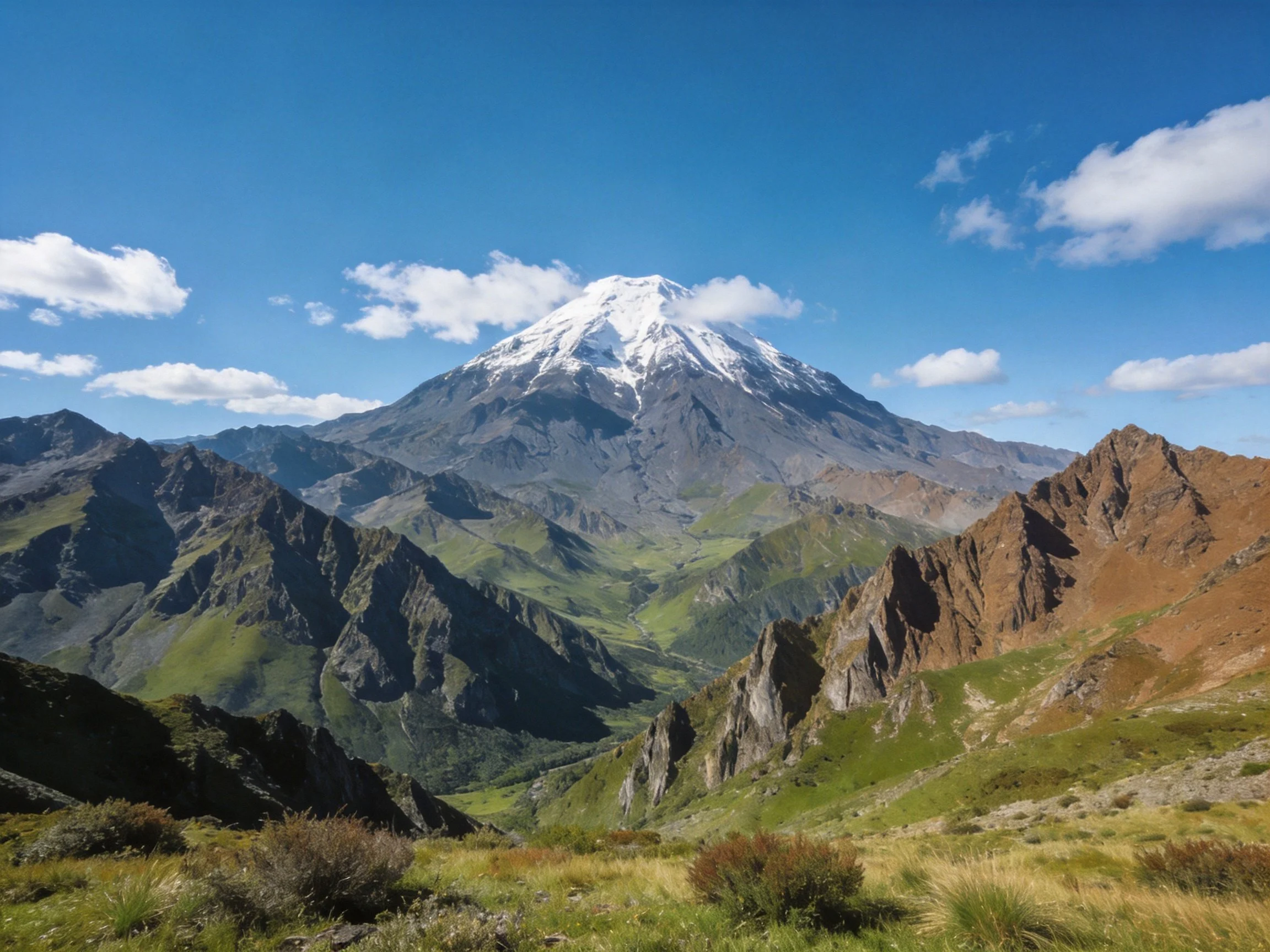 Snow-capped mountain towers over lush valleys with rocky formations